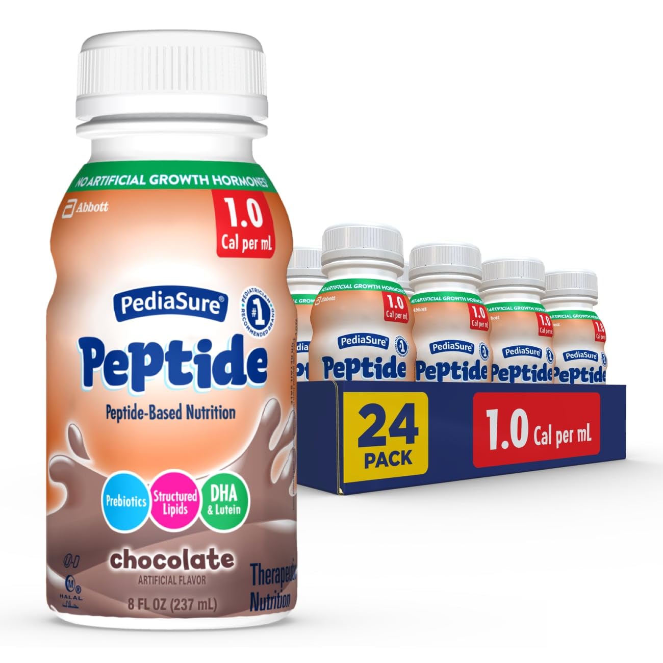 PediaSure Peptide 1.0 Cal Chocolate Nutrition Shake - 24 Pack (8 fl oz Bottles) | Complete Balanced Peptide-Based Formula for Kids with GI Conditions | 7g Protein & Prebiotics | Supports Oral or Tube Feeding | Ideal for School Lunches, Travel & Pediatric Nutrition
