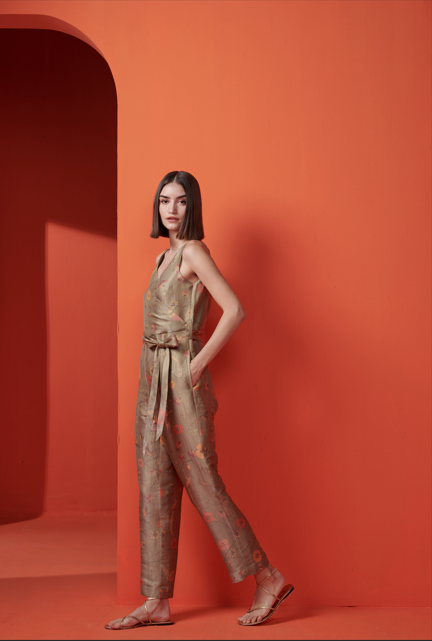Elegant Olive Silk Brocade Overlap Jumpsuit for Women - Perfect for Evening Parties, Weddings & Special Occasions