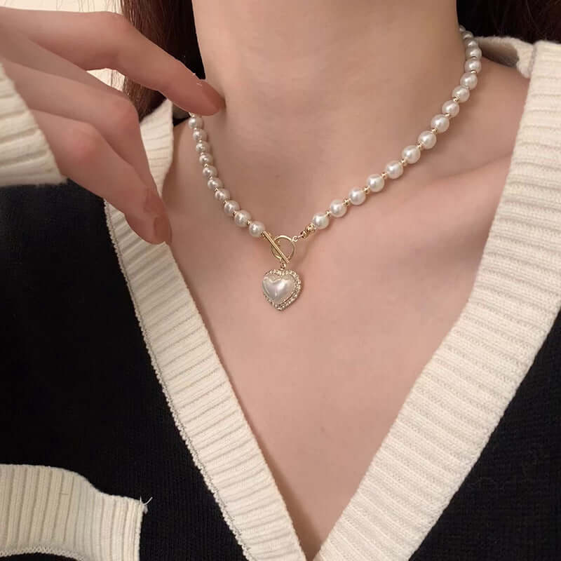 Elegant Heart Charm Pearl Beaded OT Necklace for Women | HN2013 | Perfect Gift for Valentine's Day, Anniversary & Special Occasions