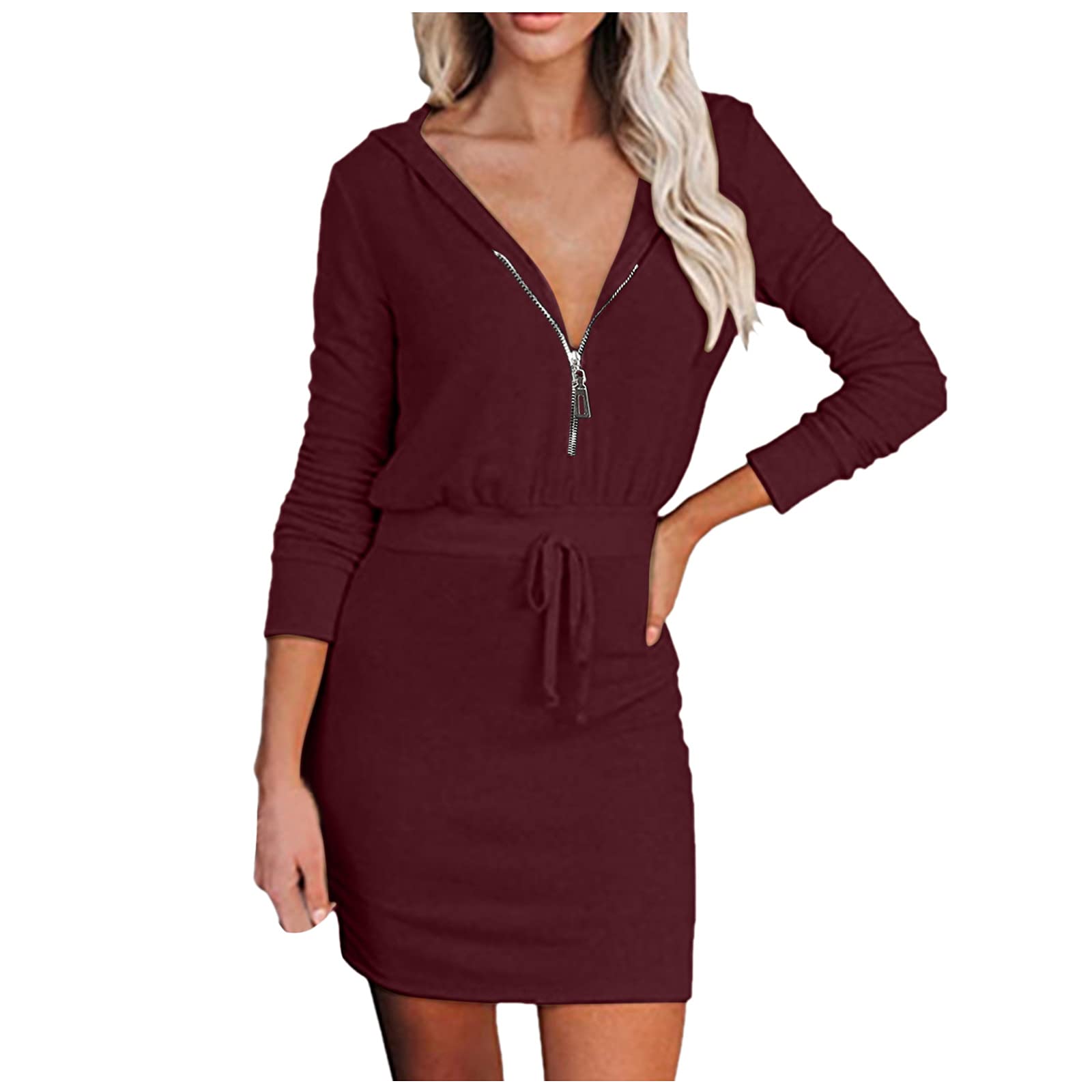 Twoker Women's Casual Slim Fit Long Sleeve Zipped Hoodie Dress - Solid Color Pullover Tunic Sweater for Everyday Wear, Street Style & Lounge Outfits