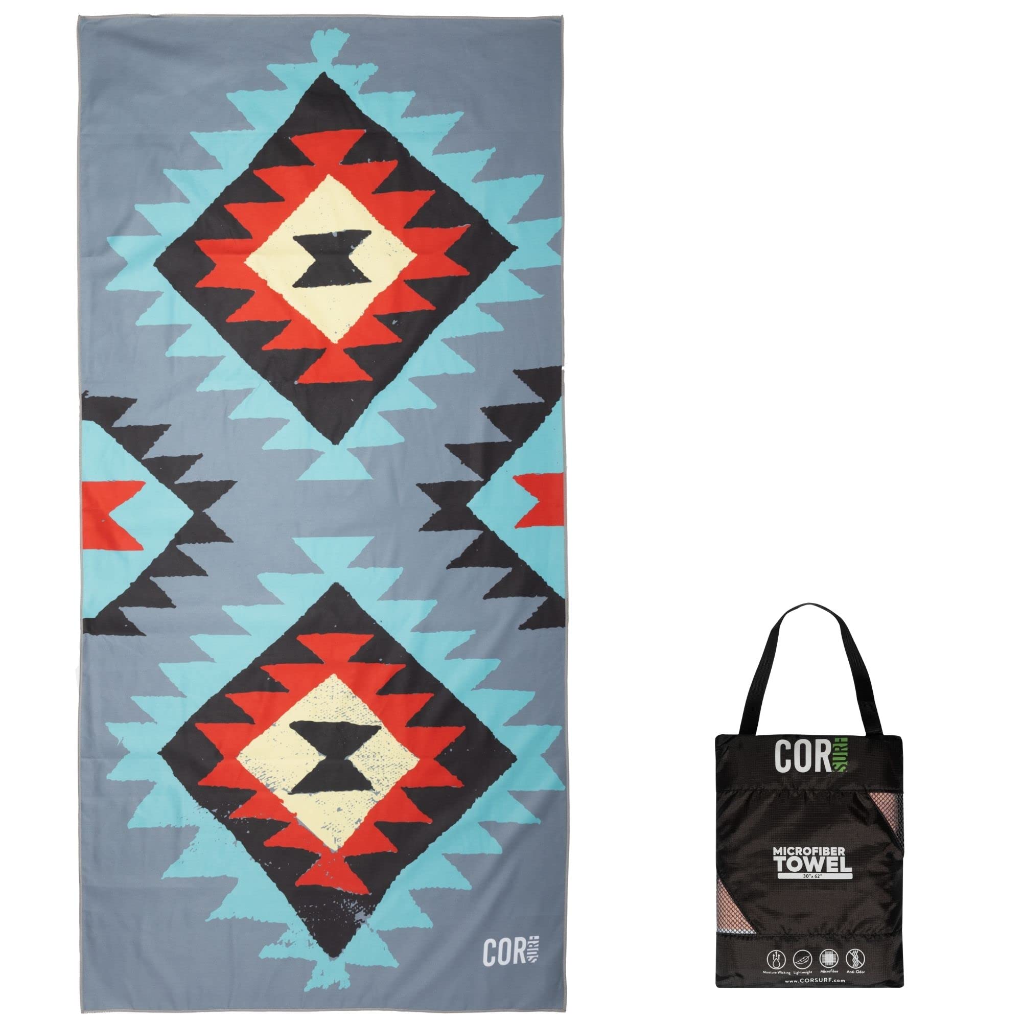 COR Surf Quick Dry Microfiber Beach Towel 62x30 Inches - Ultra Absorbent Lightweight Travel & Sports Towel for Pool, Camping, Yoga, Gym, Backpacking - Perfect for Beach Vacations, Workouts & Outdoor Adventures (Tribal Design)
