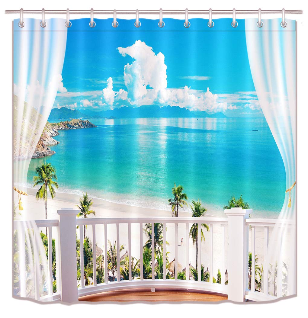 LB Tropical Beach Shower Curtain - Hawaiian Paradise Seaside Design, Waterproof Fabric Bathroom Decor (72x72 Inches) with Hooks - Perfect for Coastal, Vacation & Tropical Bathroom Themes