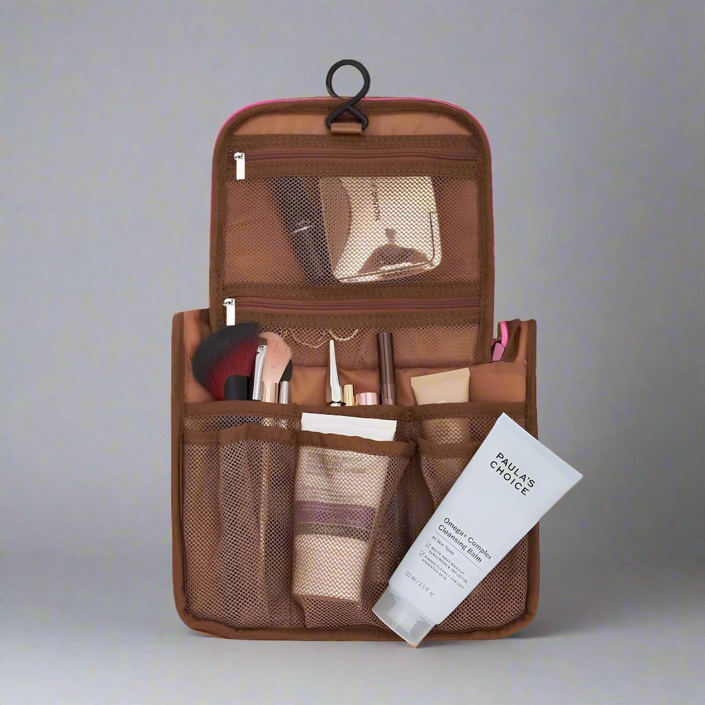 Bon Voyage Travel Toiletry Bag - Waterproof Cosmetic Organizer with Pink & Red Stripes | Perfect for Vacation, Business Trips & Gym Essentials