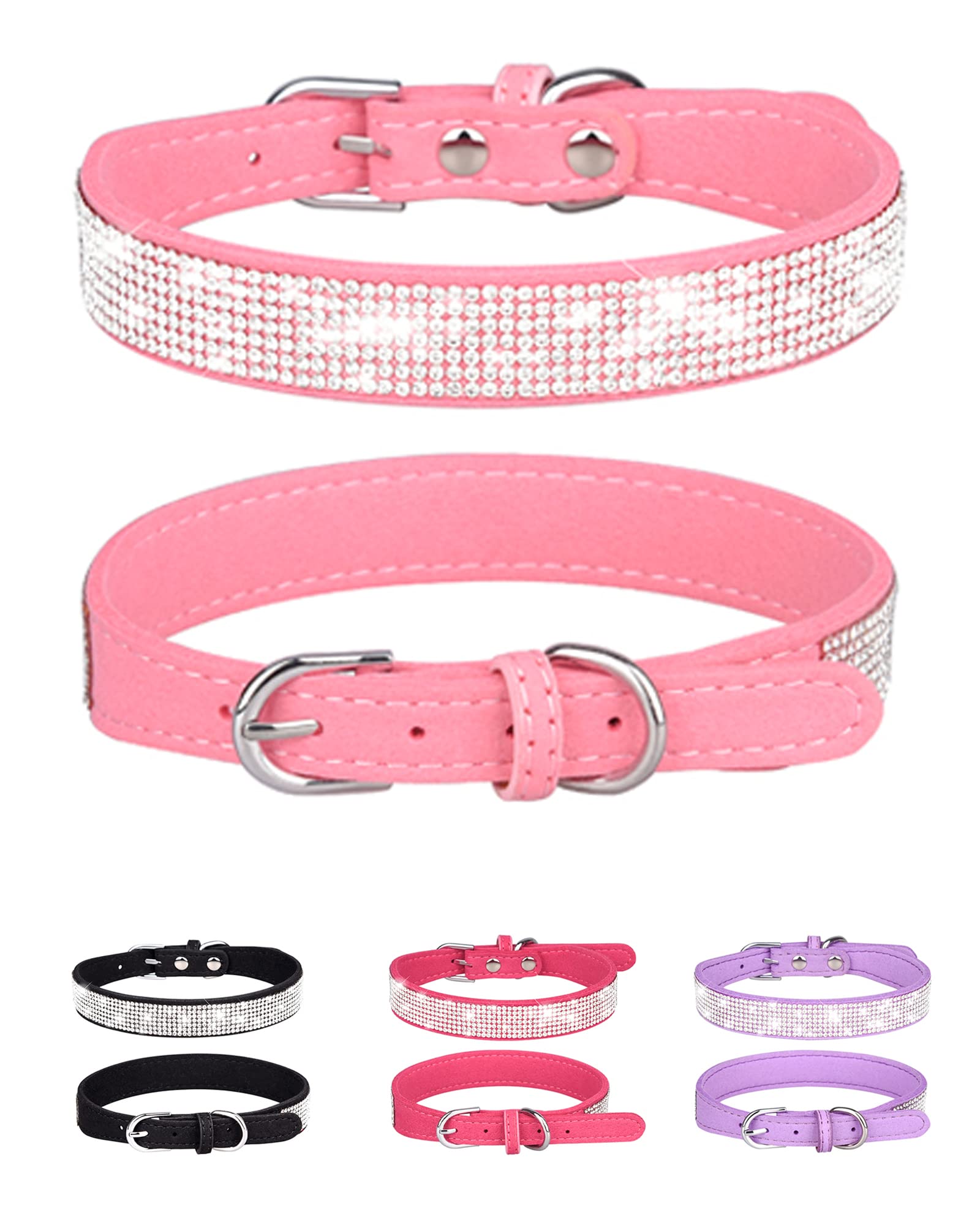 Adjustable Leather Suede Bling Dog Collar with Rhinestones - Pink Small Dog Collar for Small Breeds & Cats | Perfect for Daily Walks, Pet Fashion & Special Occasions