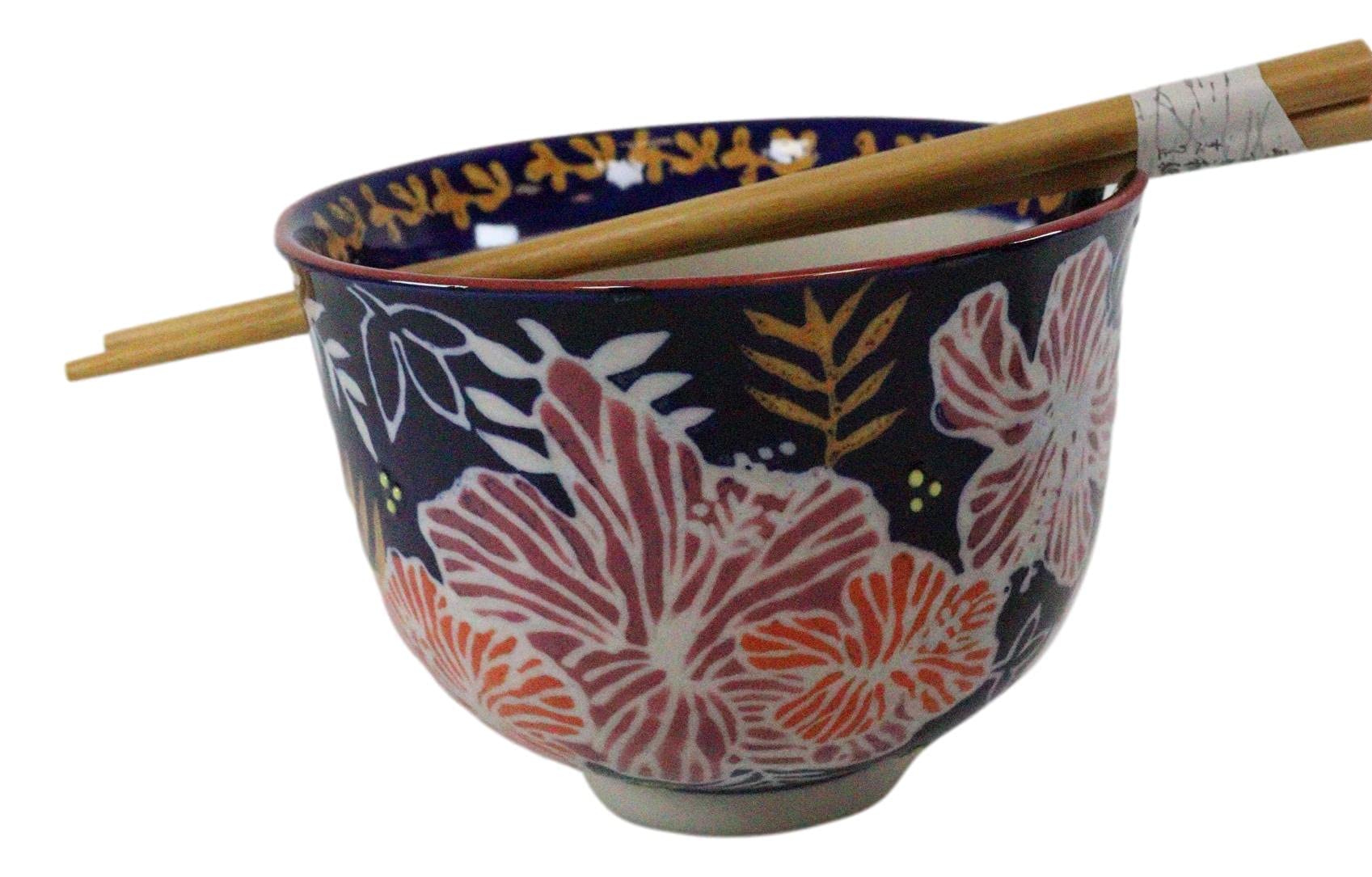 Ebros Blue Ceramic Ramen Bowl with Built-in Chopstick Rest - Floral and Leaf Design Porcelain Noodle Soup Rice Dish - Includes Bamboo Chopsticks - Perfect for Asian Cuisine, Udon, Pho, and Home Dining