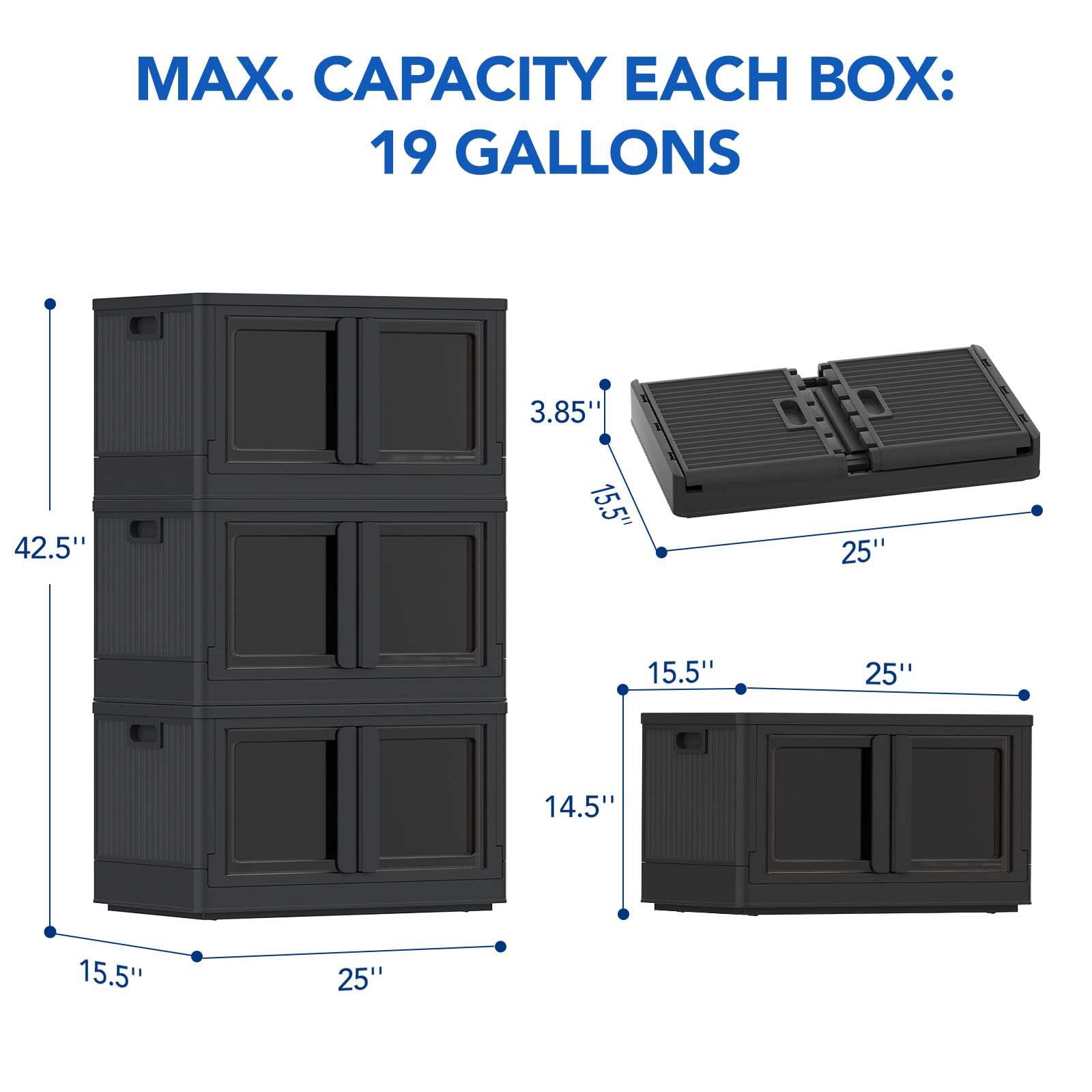 FLEXIMOUNTS 3-Pack Stackable Storage Bins with Lids - 228 QT Collapsible Plastic Storage Containers for Closet, Home & Office Organization - Black (25
