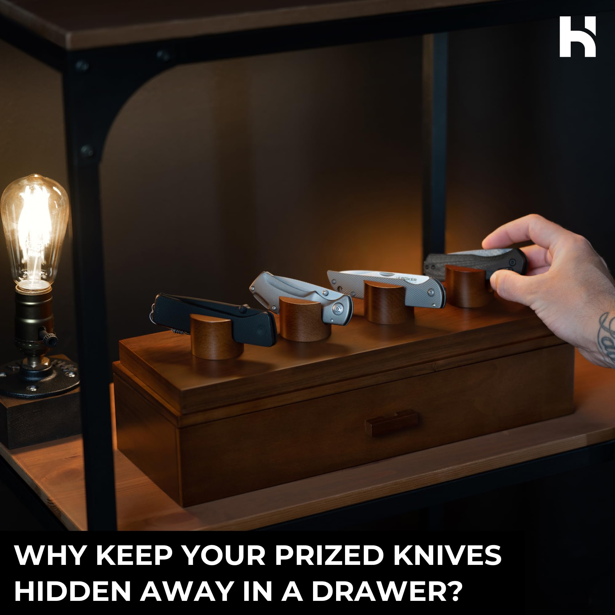 Premium Knife Deck – 6-Pocket Wooden Knife Display Case with Accessory Drawer | Perfect Knife Organizer & Collector's Gift for Men | Lifetime Warranty | Ideal for Home, Office, or Camping Use