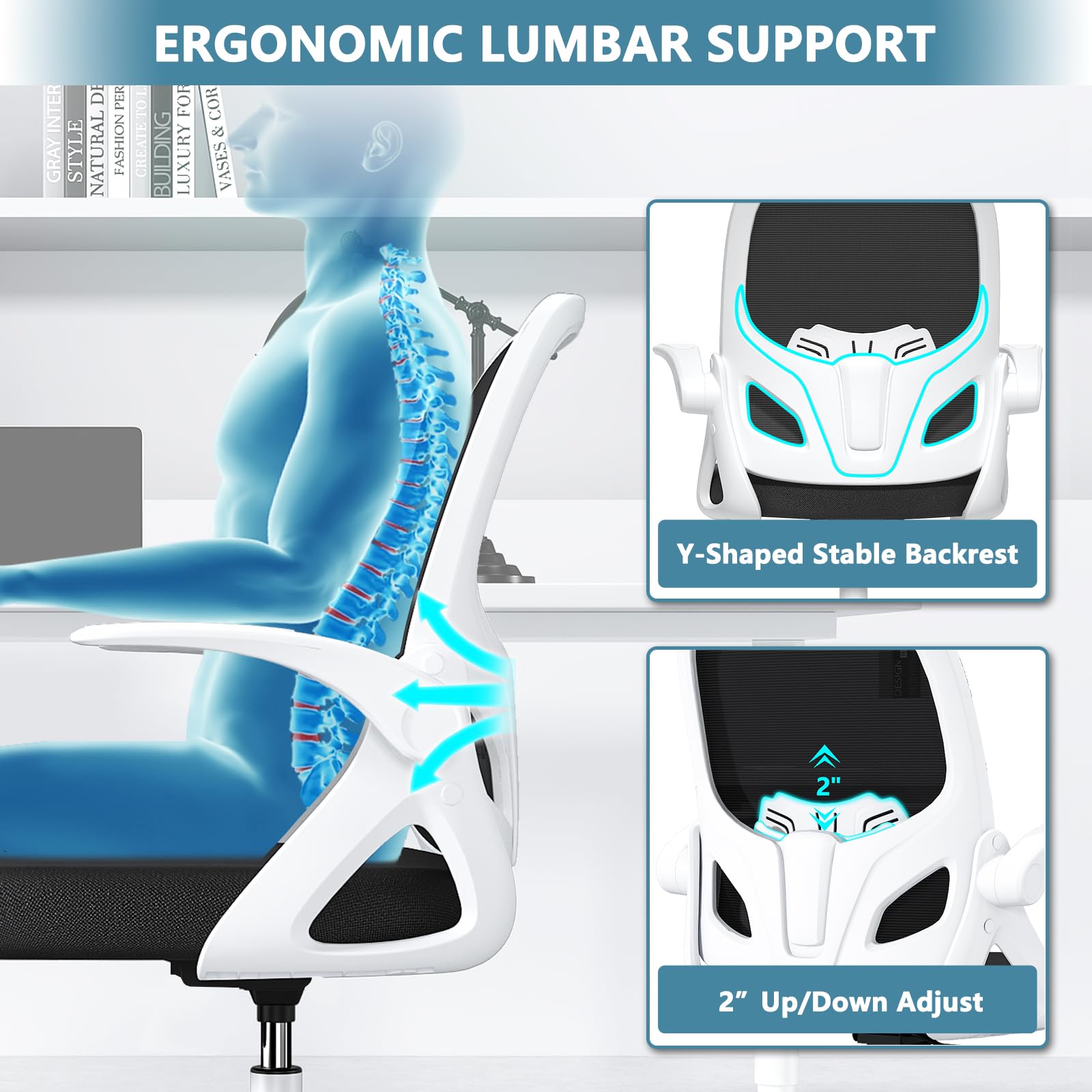 Ergonomic Tall Drafting Chair with Footrest Ring & Lumbar Support - Adjustable Height Office Chair with Flip-Up Arms for Home & Work (White) - Perfect for Architects, Artists, and Extended Computer Work Sessions