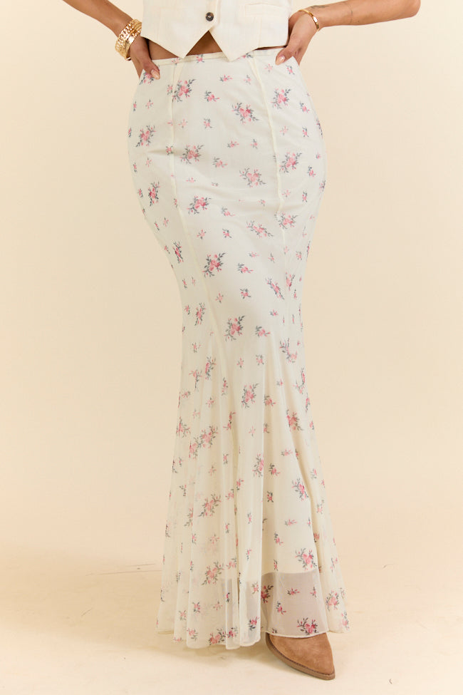 Floral Echo Ivory and Pink Knit Maxi Skirt for Women - Boho Chic Long Skirt with Floral Pattern, Perfect for Beach, Vacation & Summer Outfits