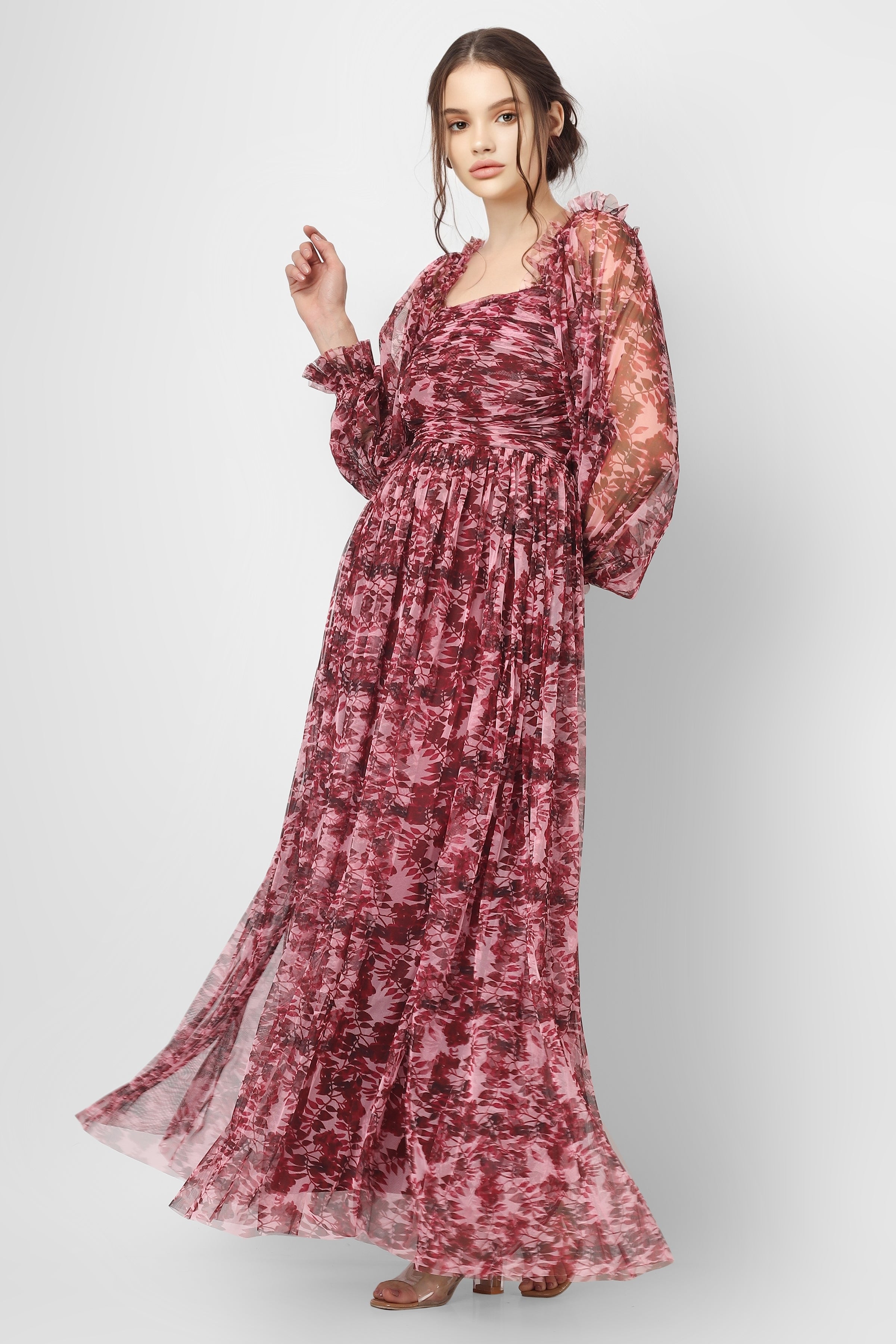 Lana Burgundy Printed Tulle Dress for Women - Elegant A-Line Party Gown with Floral Design, Perfect for Weddings, Prom, Evening Events and Special Occasions