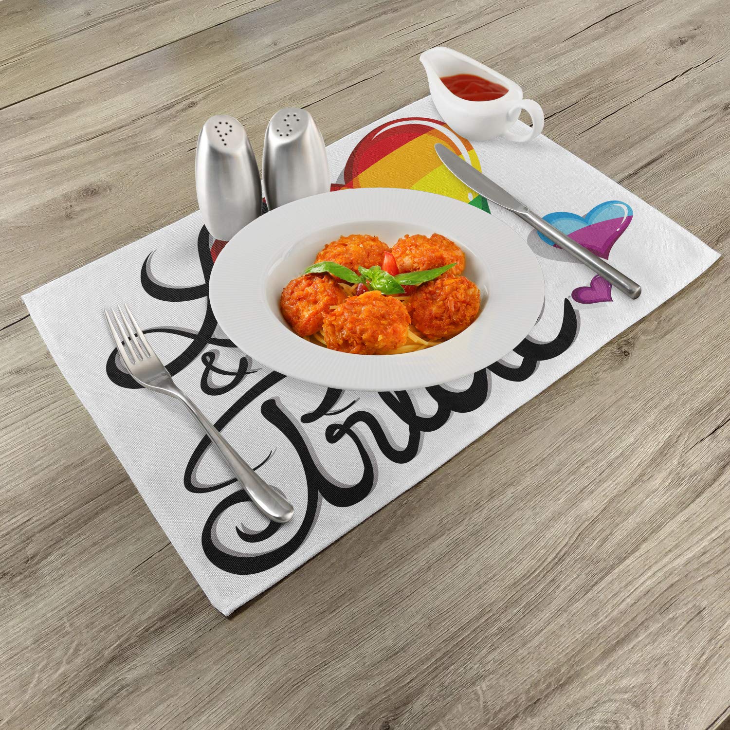 Ambesonne Pride Place Mats Set of 4 - Vibrant LGBTQ+ Heart Design Washable Fabric Placemats for Dining Table & Kitchen Decor - Perfect for Pride Month, Dinner Parties & LGBTQ+ Celebrations