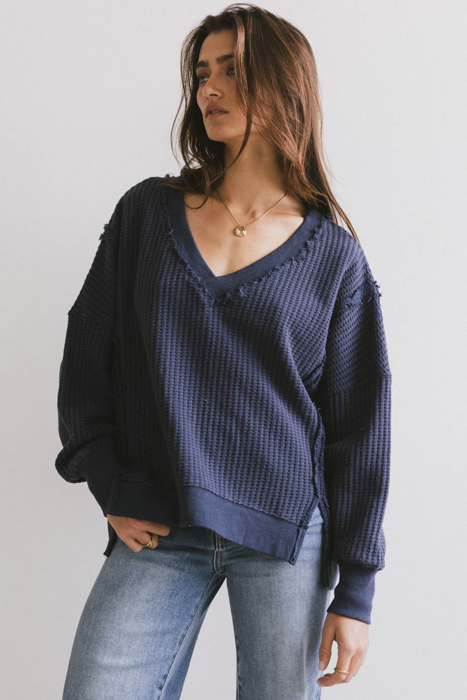 Ellis Waffle Knit Top Women's Long Sleeve Crewneck Sweater - Navy Blue Casual Winter Pullover for Work, Date Night & Cozy Outfits
