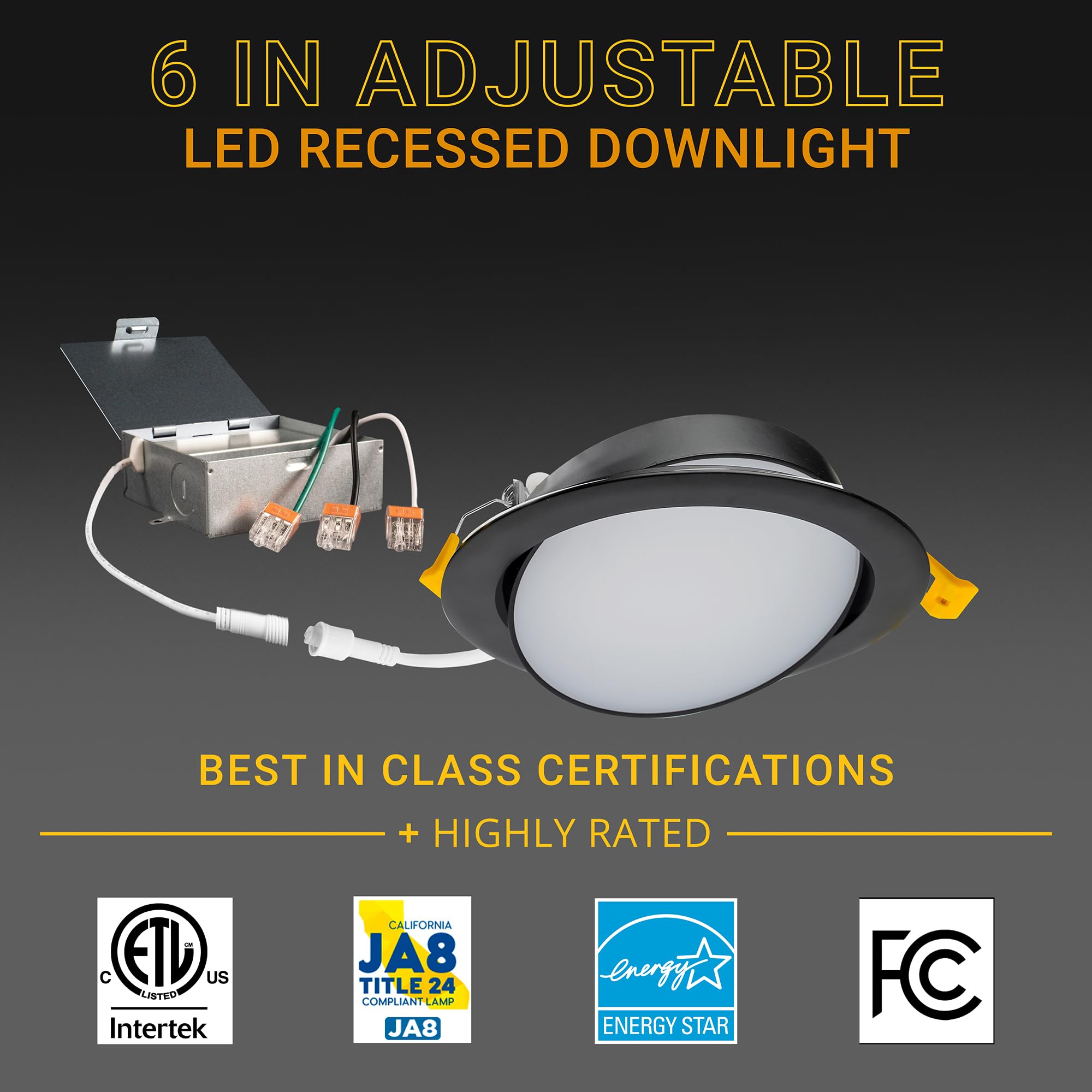 NUWATT 6 Inch Black Gimbal LED Recessed Lighting - 5CCT Adjustable Dimmable Wafer Lights (2700K-5000K) - 1050LM, 12W Canless Downlight for Sloped Ceiling - 6 Pack - Perfect for Living Room, Kitchen & Bedroom Lighting