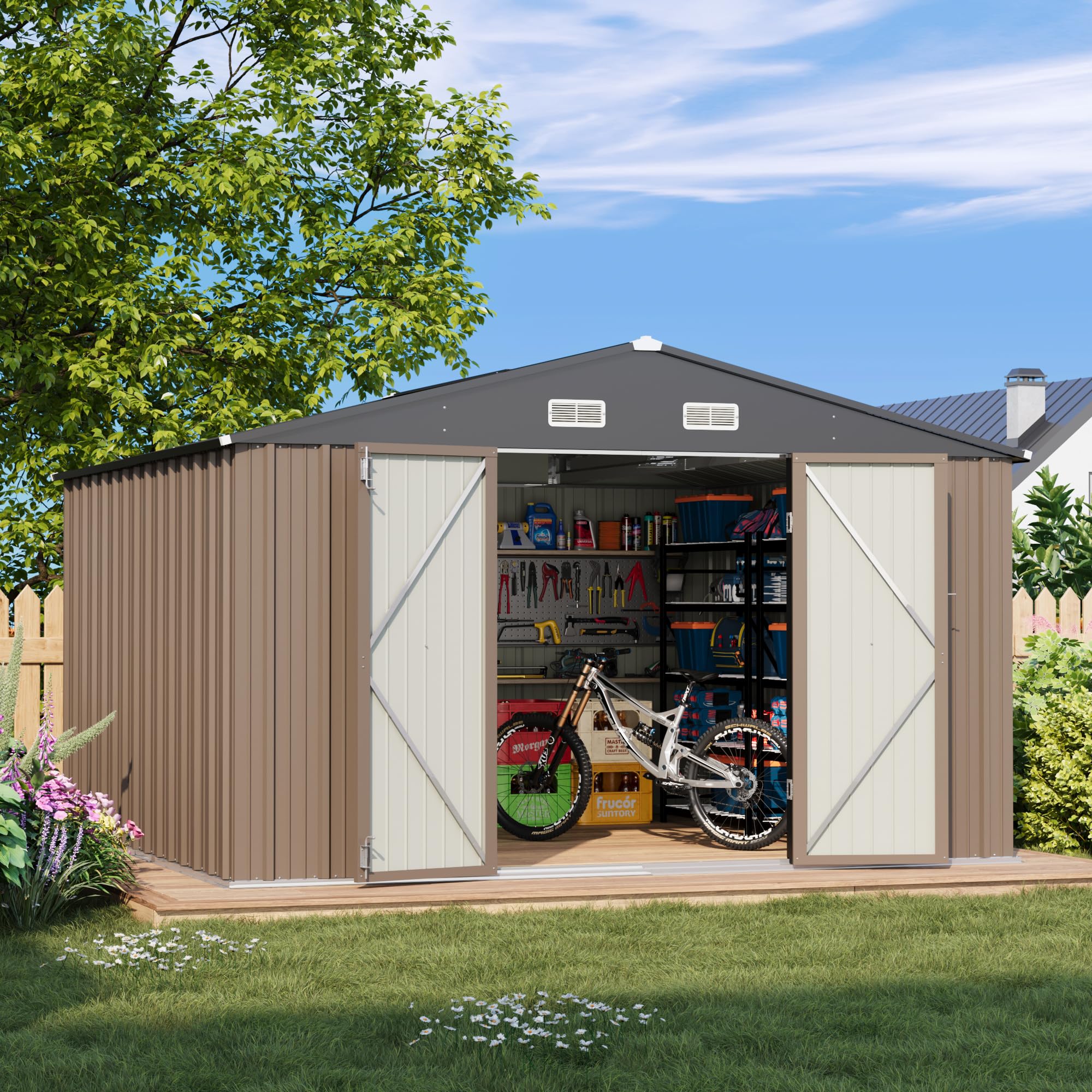 Patiowell 10x10 FT Outdoor Metal Storage Shed with Lockable Doors - Heavy Duty Utility & Tool Shed for Garden, Patio, Backyard - Weather Resistant Brown Steel Shed for Outdoor Equipment, Lawn Mower & Gardening Tools Storage