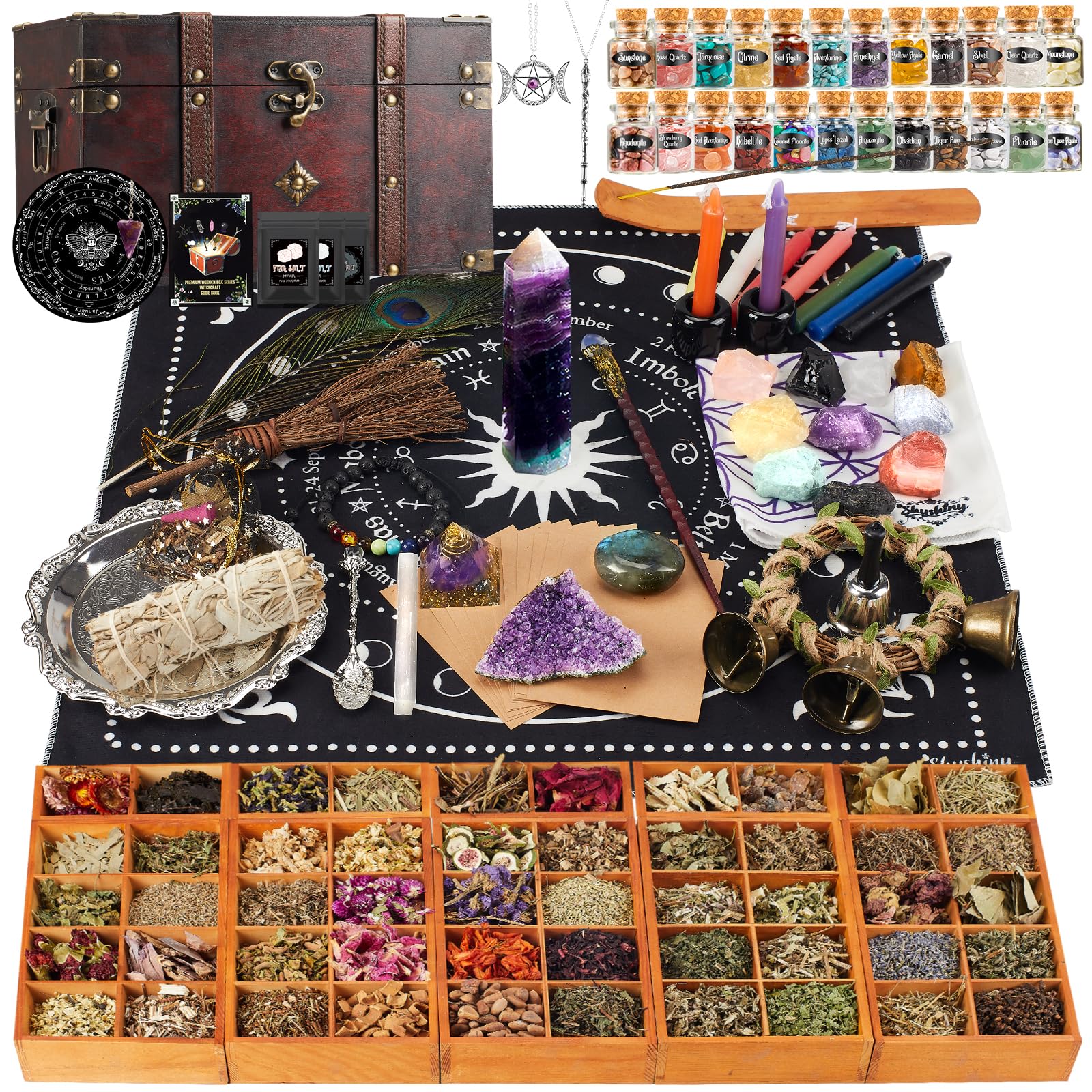 200-Piece Witchcraft Starter Kit for Beginners - Complete Wiccan Supplies & Tools with Wooden Box | Spell Casting, Altar Setup & Ritual Practice