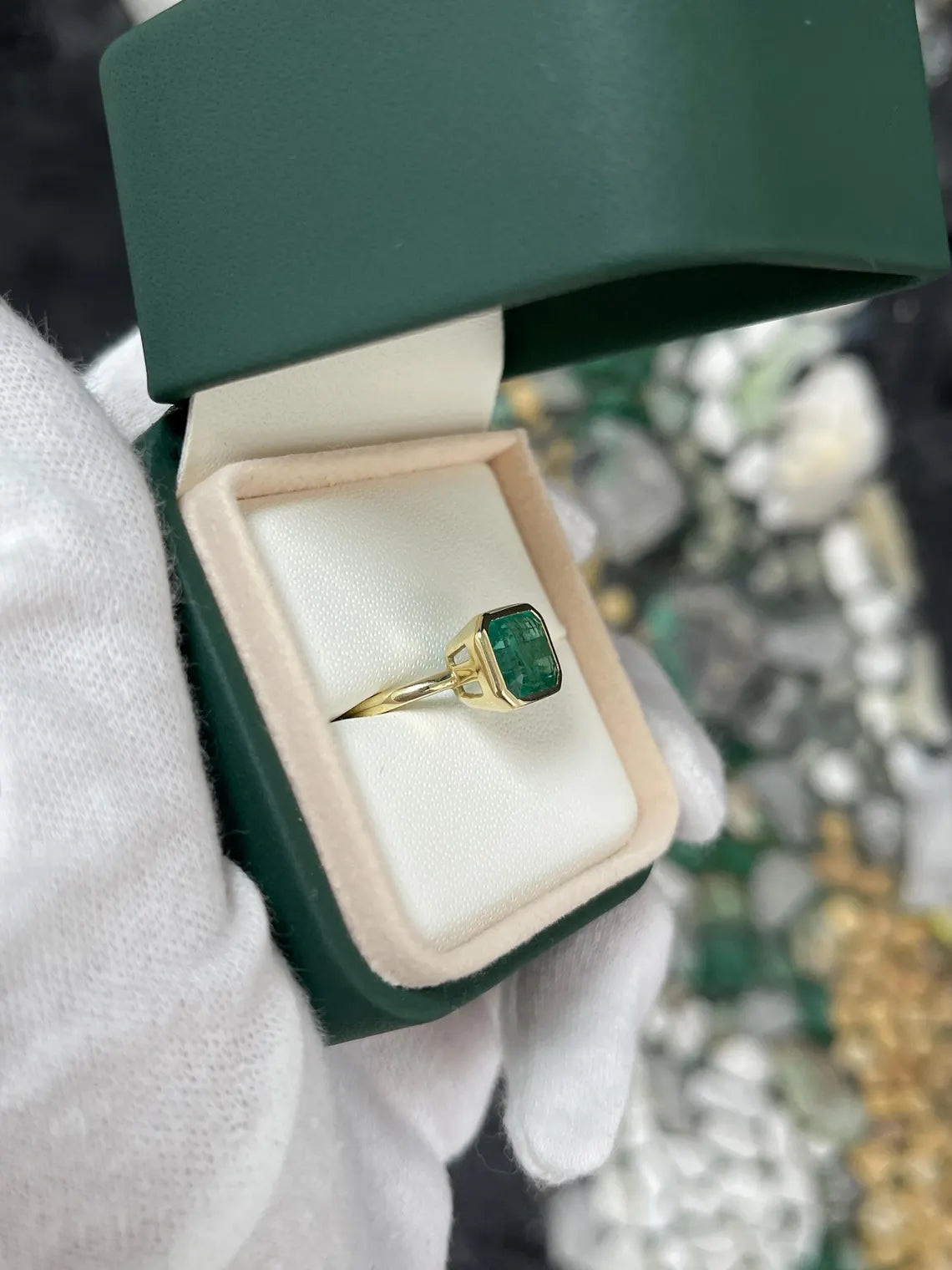 3.26ct Emerald Cut Solitaire Ring with Lush Green Bezel Set - Elegant Jewelry for Weddings, Anniversaries & Special Occasions