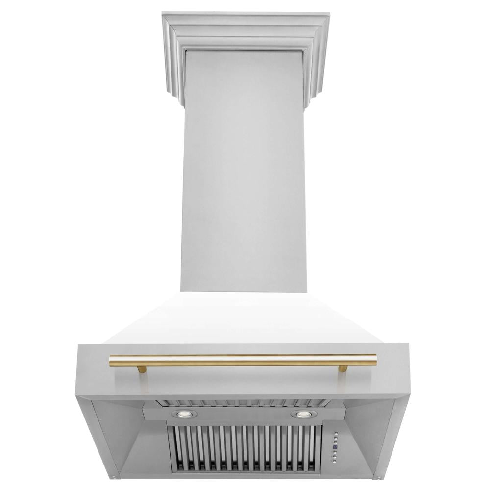 ZLINE Autograph Edition 30-inch Stainless Steel Dual Fuel Range with White Matte Door, Range Hood & Dishwasher - Polished Gold Accents (3AKP RAWMRHDWM30 G) | Premium Kitchen Package for Modern Homes & Gourmet Cooking