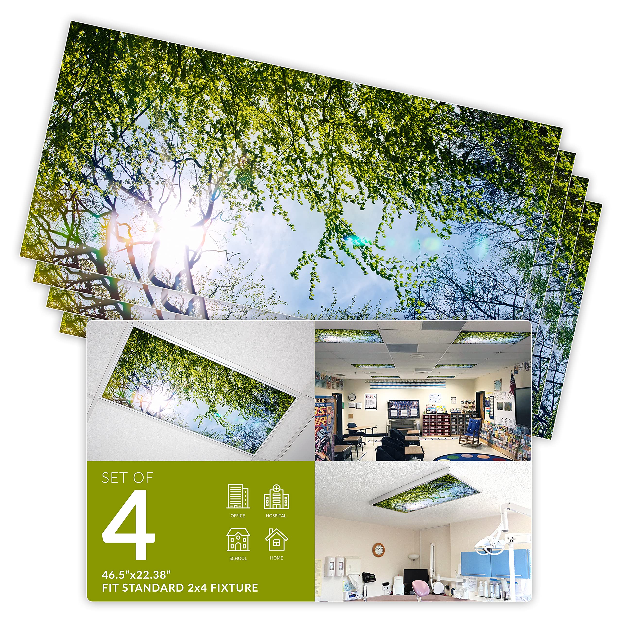 OCTO LIGHTS Fluorescent Light Covers for Classroom & Office - Reduce Eye Strain & Headaches by Eliminating Harsh Glare - Tree Design Decor (4-Pack) - Perfect for Schools, Offices, and Workspaces