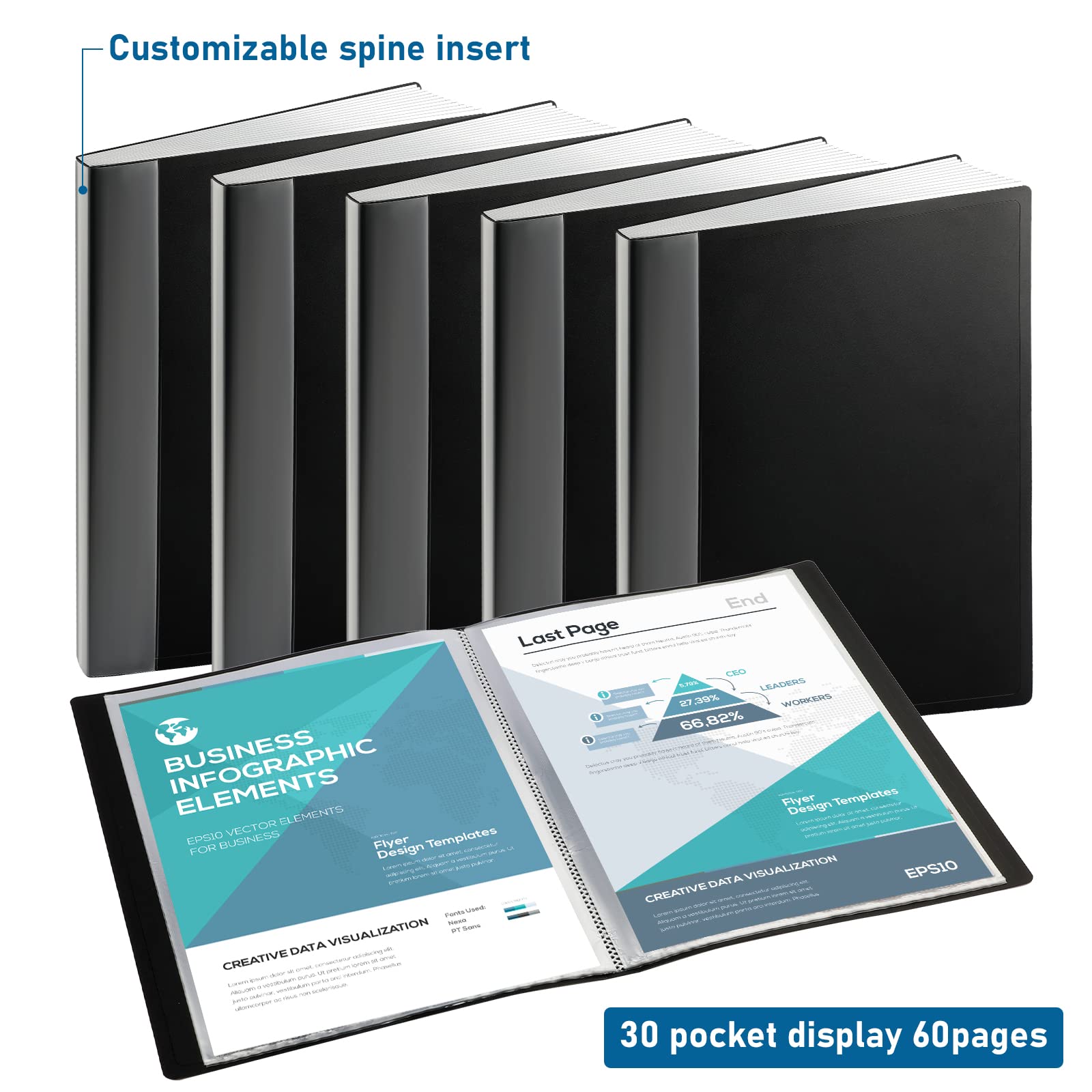 10-Piece Black Portfolio Binder Set with 30 Plastic Sleeves & 60 Pages - A4 Document Presentation Folder for Artwork, School Projects, Business Reports & Office Organization