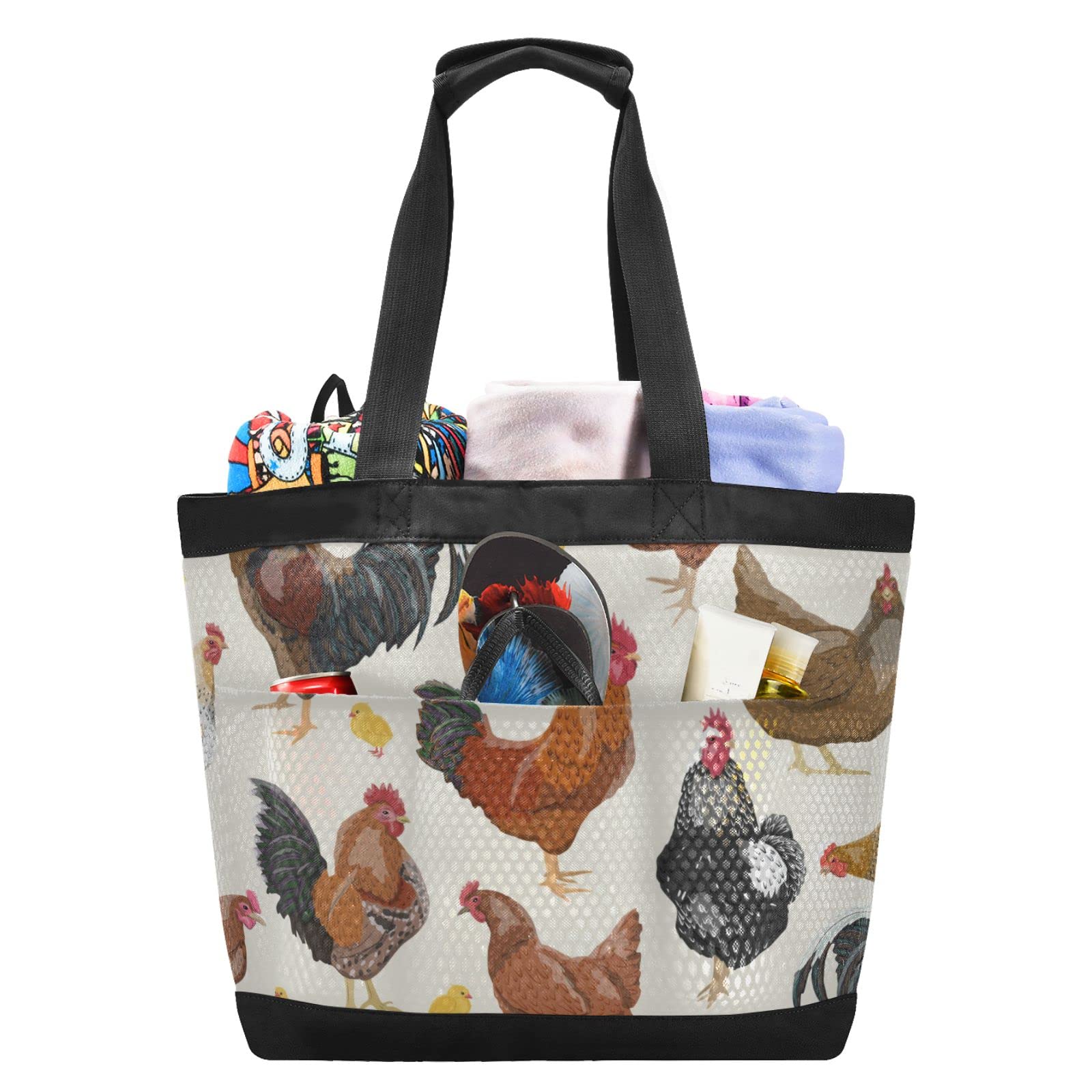 Waterproof Chicken Roosters Beach Tote Bag - Large Mesh Travel Gym Yoga Pool Bag for Women & Men, Perfect for Beach Trips, Swimming, and Outdoor Adventures