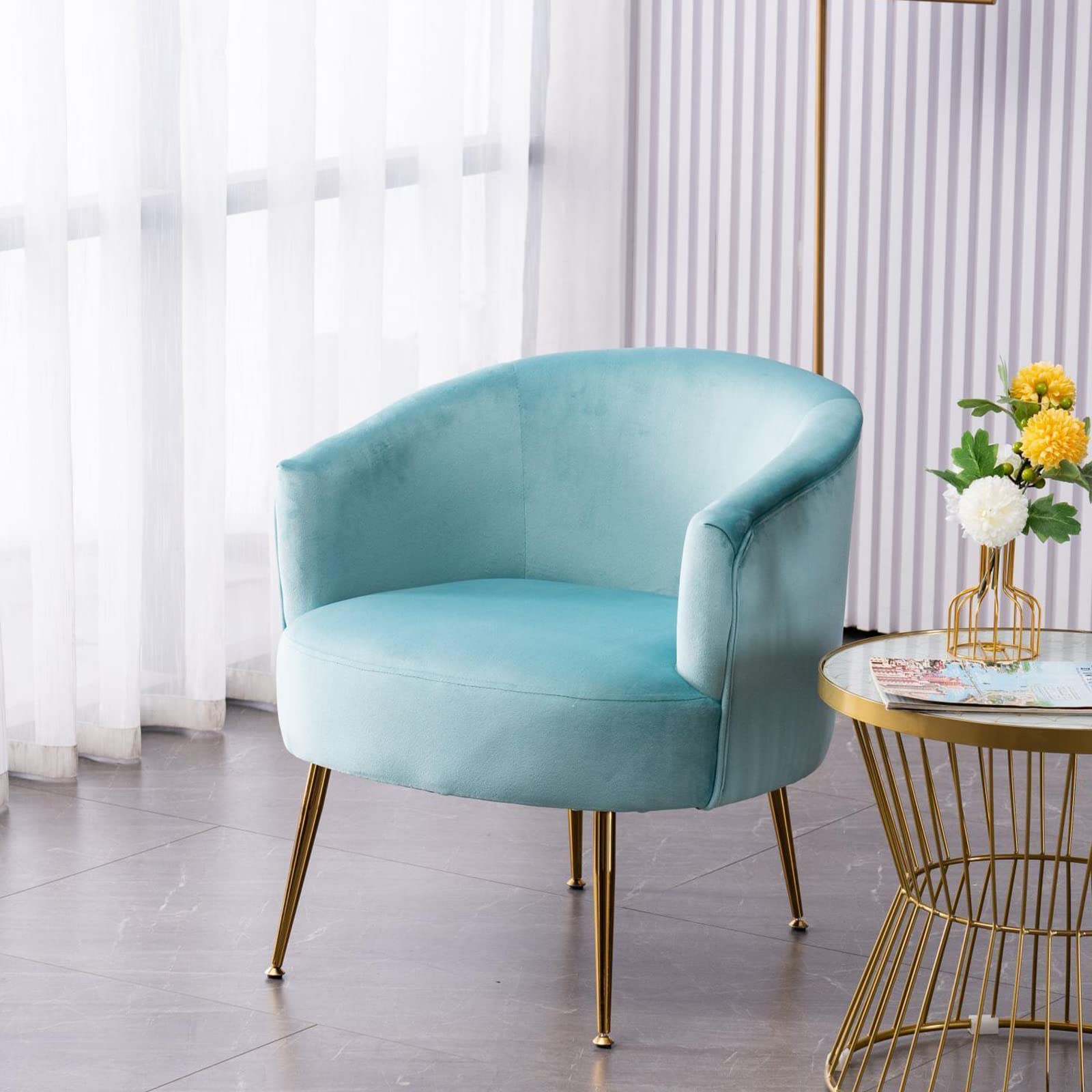Luxury Velvet Barrel Accent Chair with Golden Legs - Soft Padded Upholstered Armchair for Living Room, Bedroom & Vanity - Stylish Cyan Blue Tub Chair for Home Decor & Relaxation