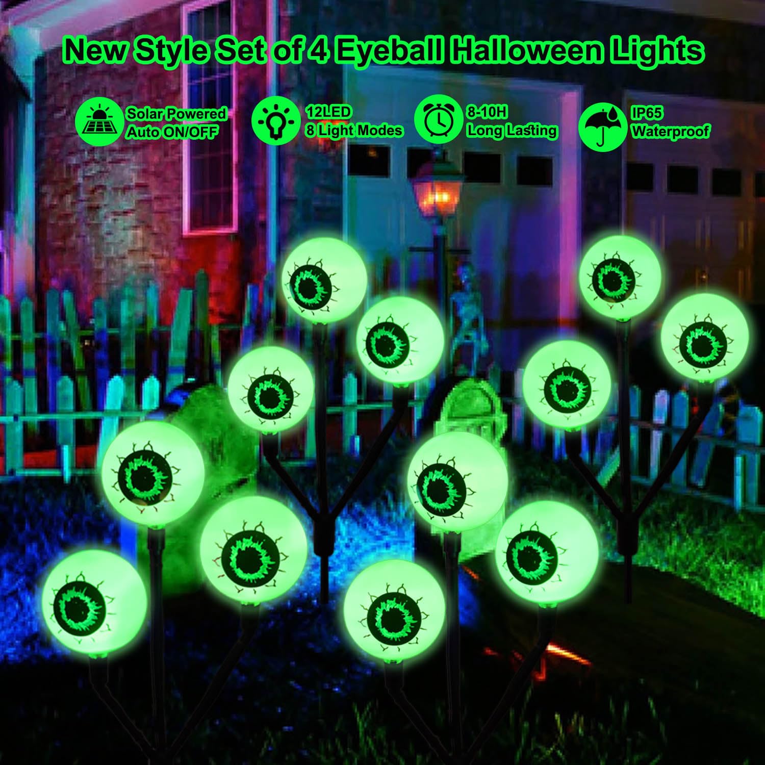 12 LED Solar Halloween Eyeball Lights - 4 Pack Big Green Outdoor Pathway Lights for Halloween Party, Yard, Tombstone Decorations | Spooky Atmosphere for Trick or Treat, Haunted House, and Halloween Night