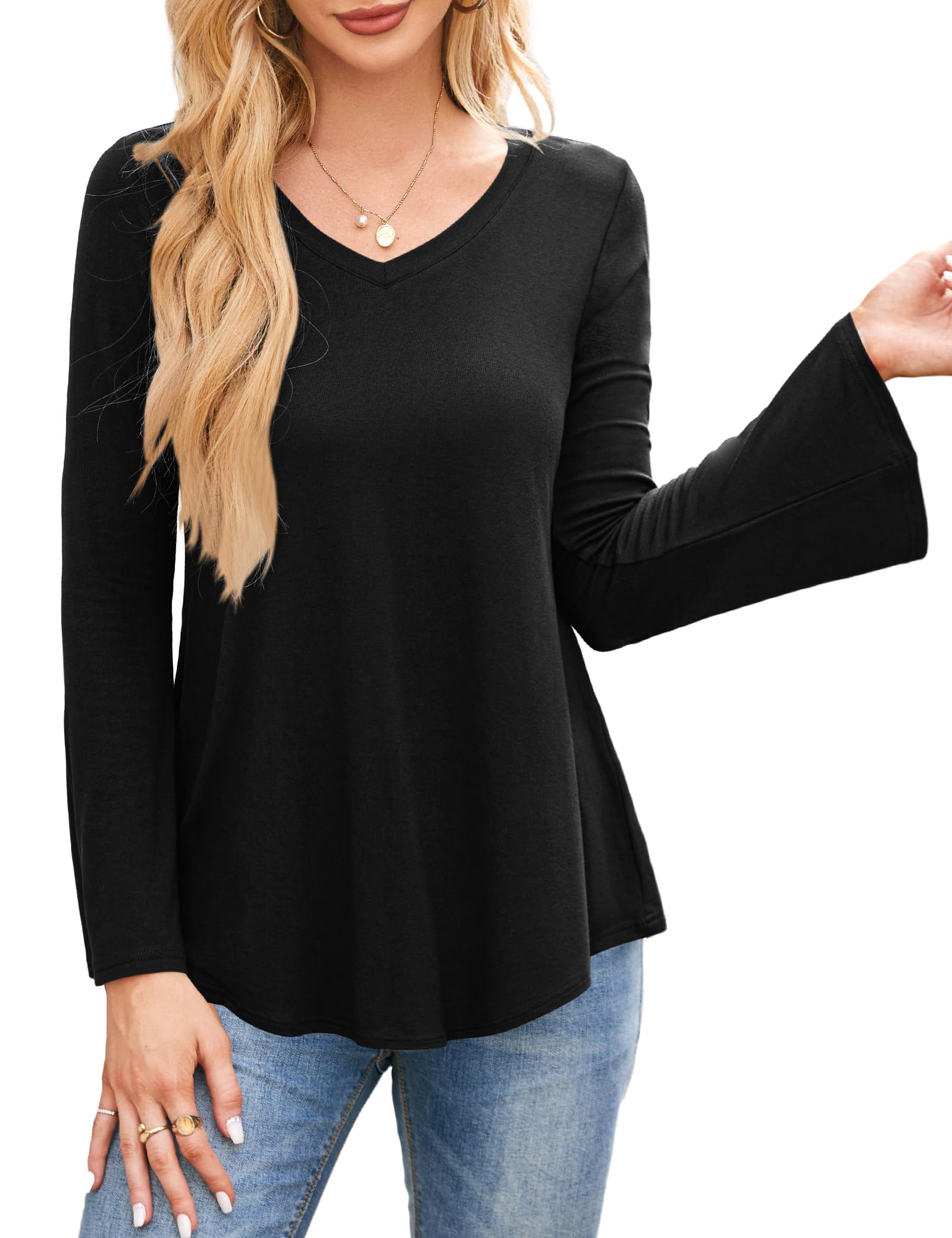 Amoretu Women's V-Neck Long Sleeve Tunic Tops - Flowy Bell Sleeve Blouse for Casual Wear, Office & Date Night Outfits