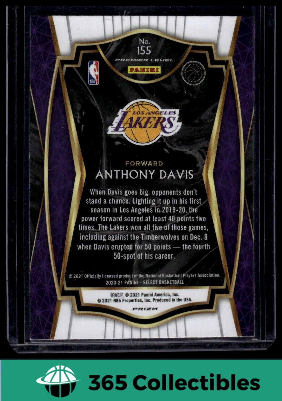 2020-21 Panini Select Anthony Davis Silver #155 Basketball Card - Los Angeles Lakers NBA Collectible for Fans & Memorabilia Enthusiasts | Perfect for Trading, Display, and Investment