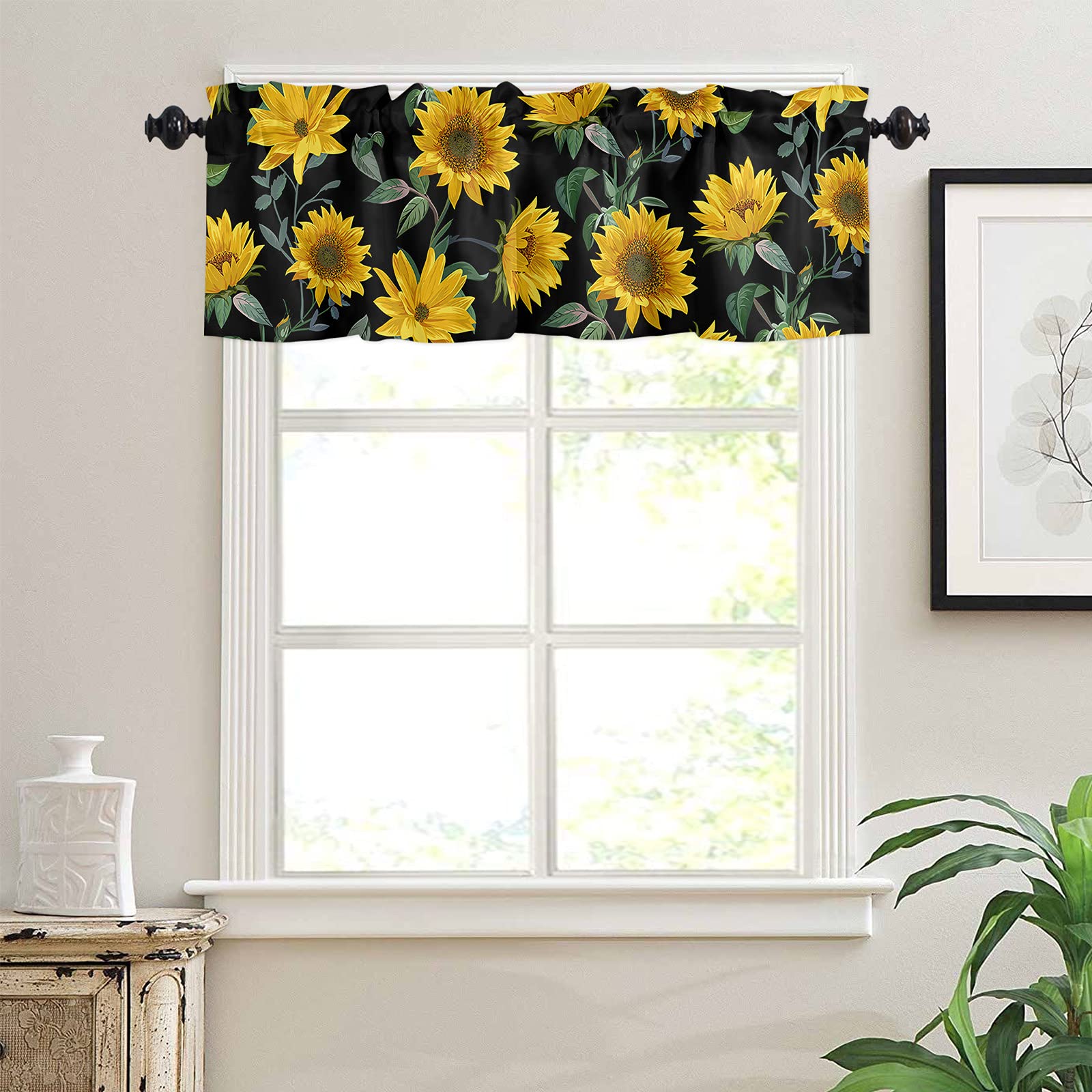 Sunflower Valance Curtains - Yellow Floral Green Leaves Rod Pocket Window Treatment for Living Room, Bedroom, Bathroom & Kitchen - 54x18 Inch Flower Black Panel - Perfect for Farmhouse, Cottage & Boho Decor