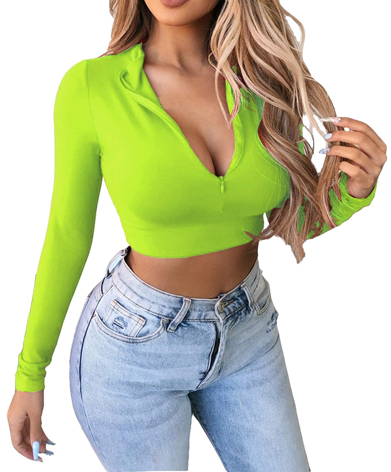 Artfish Women's Long Sleeve Quarter Zip Fleece-Lined Crop Top - V-Neck Fitted Sexy Shirt for Winter Workout, Casual Outing & Date Night