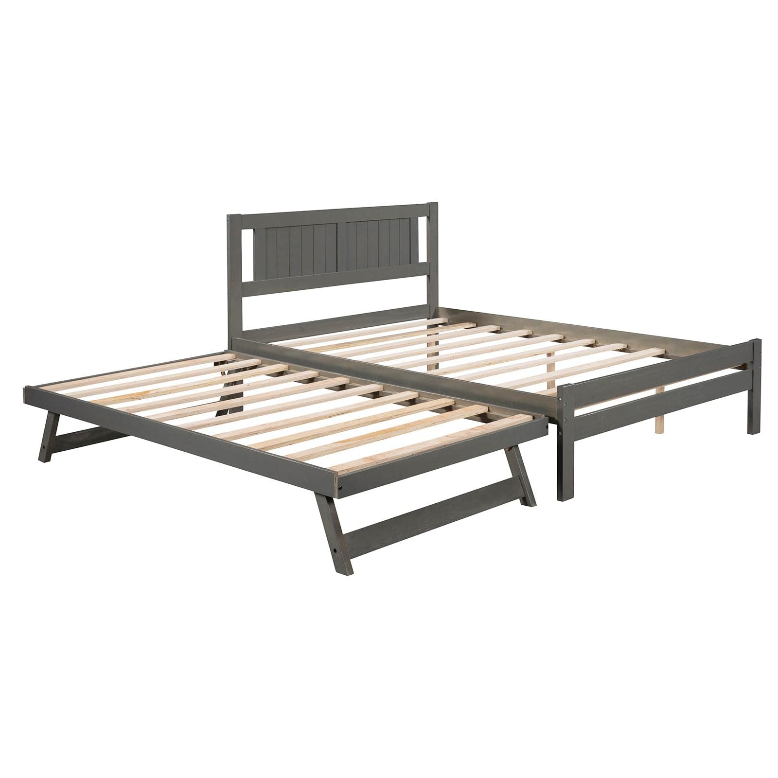 JINS&VICO Full Size Wooden Platform Bed Frame with Headboard & Trundle - Wood Slat Support, Easy Assembly, Gray - Perfect for Guest Rooms, Kids Rooms & Small Spaces