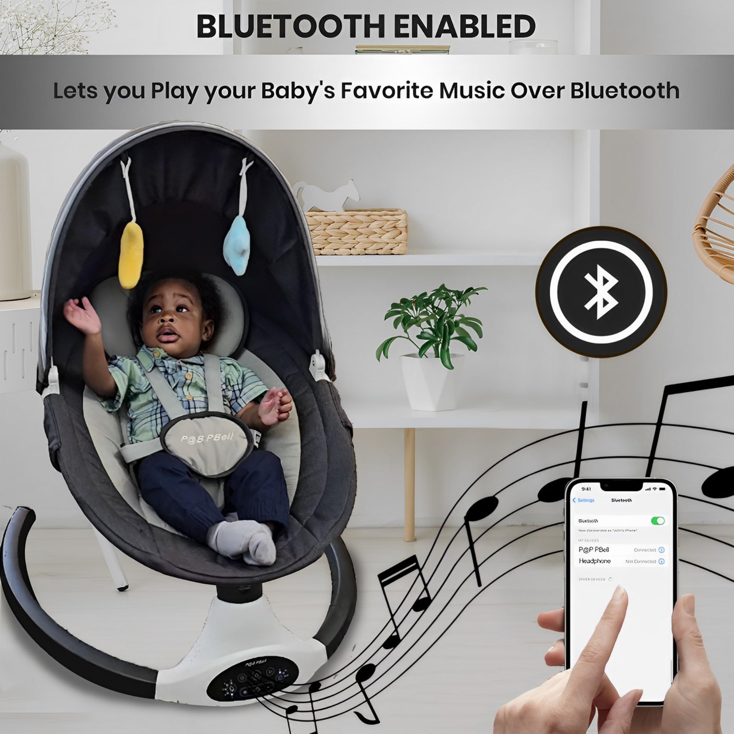 PBell Electric Baby Swing for Infants & Toddlers - Portable Bluetooth Baby Swinger with 5 Speeds, Remote Control & Music Speaker - Newborn Rocker with 5-Point Safety Belt & 2 Toys (Black) - Perfect for Nursery, Travel & Soothing Fussy Babies