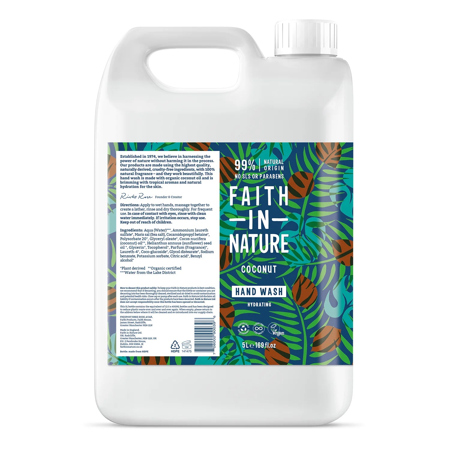 Faith In Nature Organic Coconut Hand Wash Refill - 5L (1.32 Gallon) Eco-Friendly Liquid Soap for Home, Kitchen & Bathroom - Vegan, Cruelty-Free & Biodegradable - Perfect for Families & Sensitive Skin