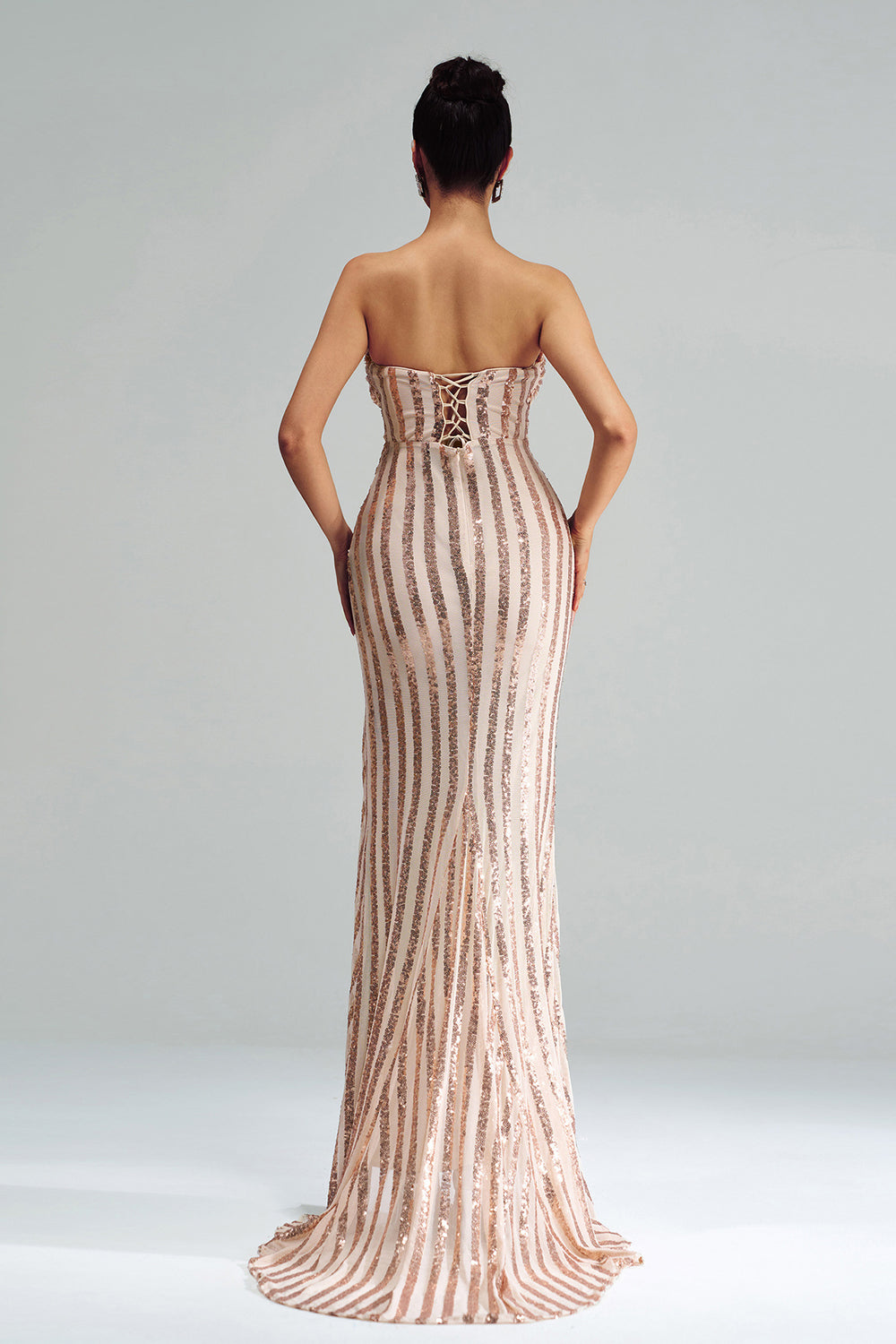 Elegant Apricot Mermaid Strapless Sequined Split Maxi Dress for Women - Perfect for Prom, Evening Gala & Beach Wedding