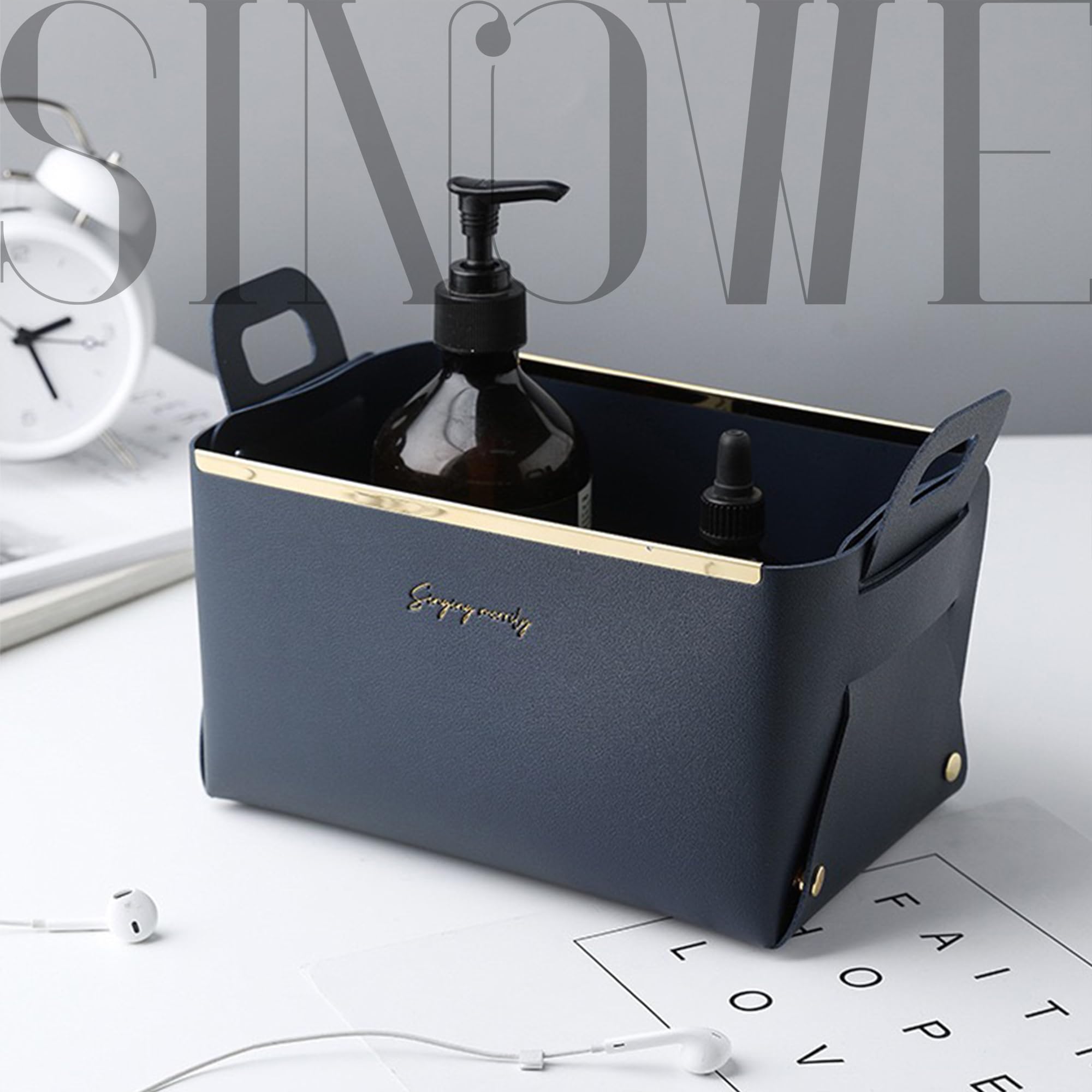 Foldable Storage Basket Organizer with Handles - Small Decorative Bin for Bathroom, Vanity, Entryway - Faux Leather Collapsible Tray (Navy) | Perfect for Home Organization, Office Supplies & Gift Ideas