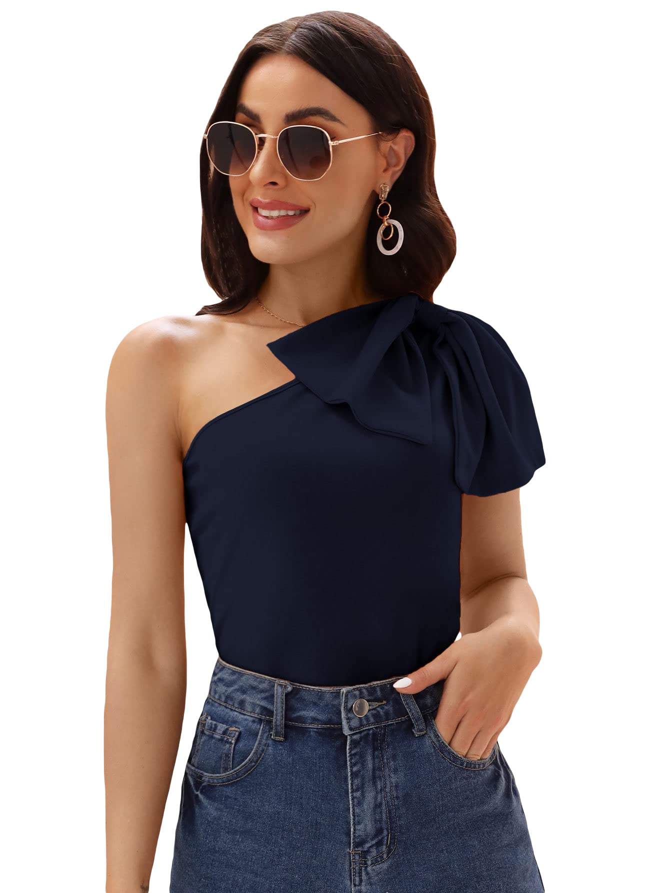 Milumia Women's One Shoulder Bow Knot Blouse - Elegant Casual & Office Wear Tops for Work, Dating, and Special Occasions