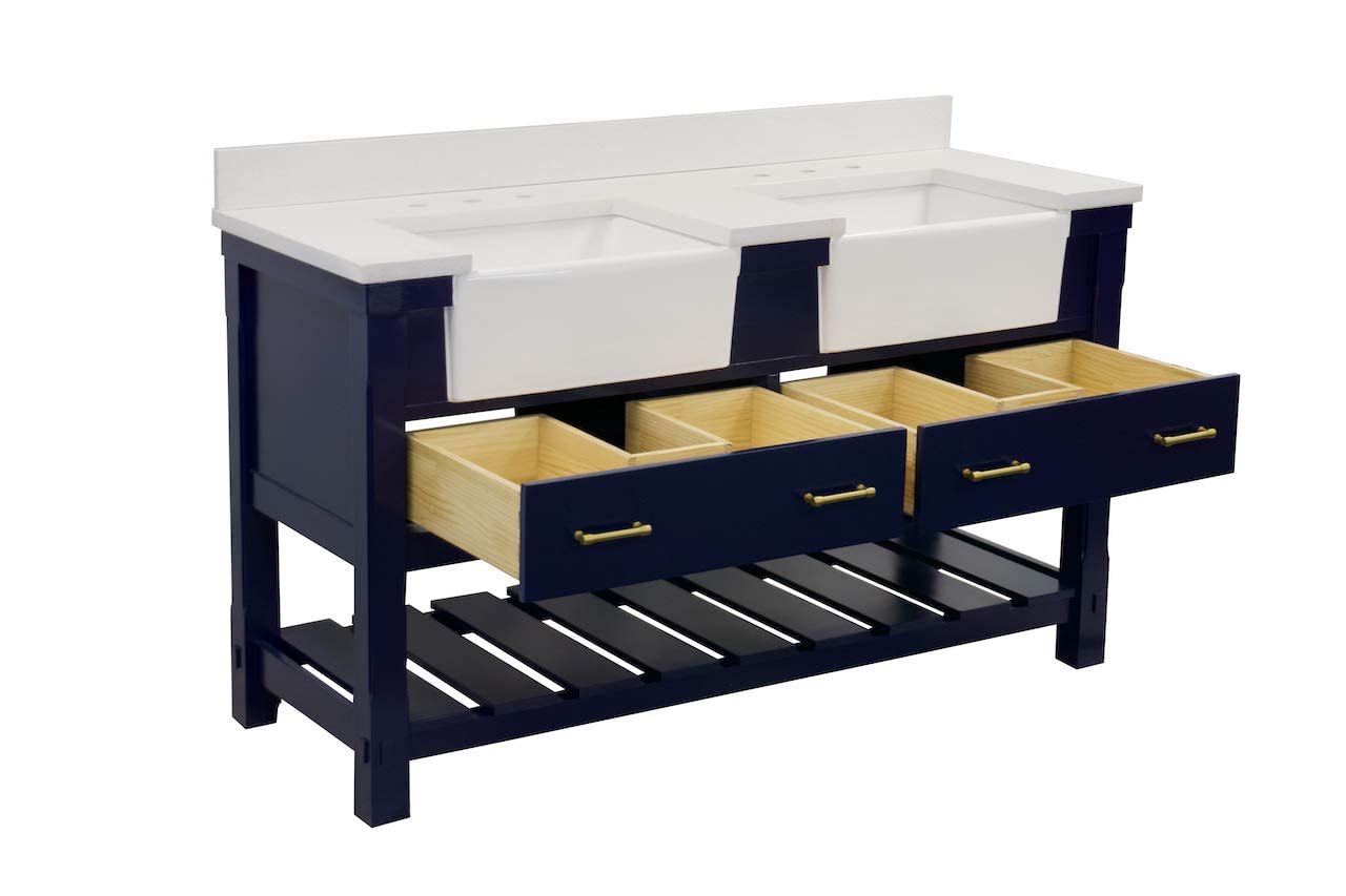 Charlotte 60-inch Double Bathroom Vanity with Quartz Countertop & Royal Blue Cabinet - Farmhouse Apron Sink Included | Modern Bathroom Storage Solution for Master Bath, Guest Bath & Powder Room