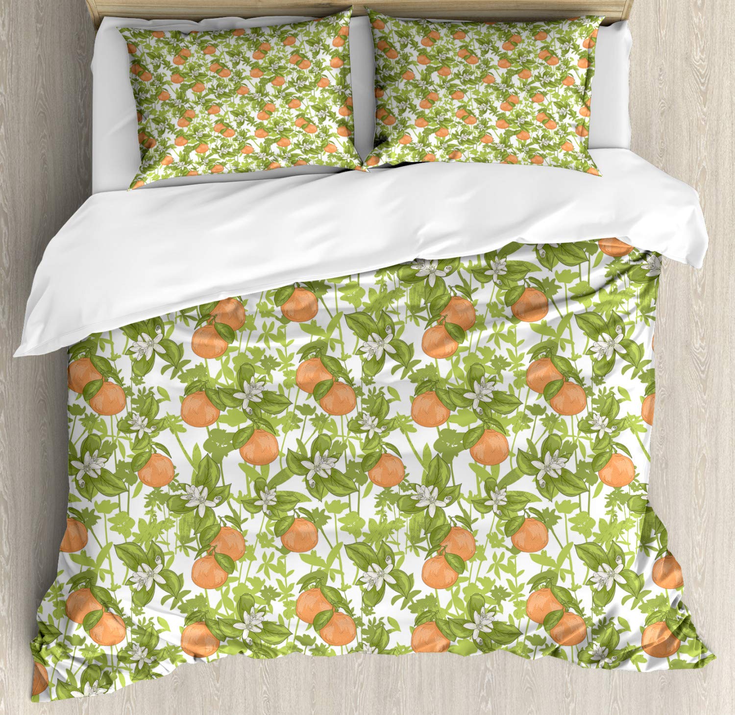 Ambesonne King Size Tangerine Duvet Cover Set - Vintage Mandarin & Floral Pattern 3-Piece Bedding with 2 Pillow Shams, Orange & Olive Green | Perfect for Boho Bedroom Decor, Guest Room Makeover & Cozy Farmhouse Style