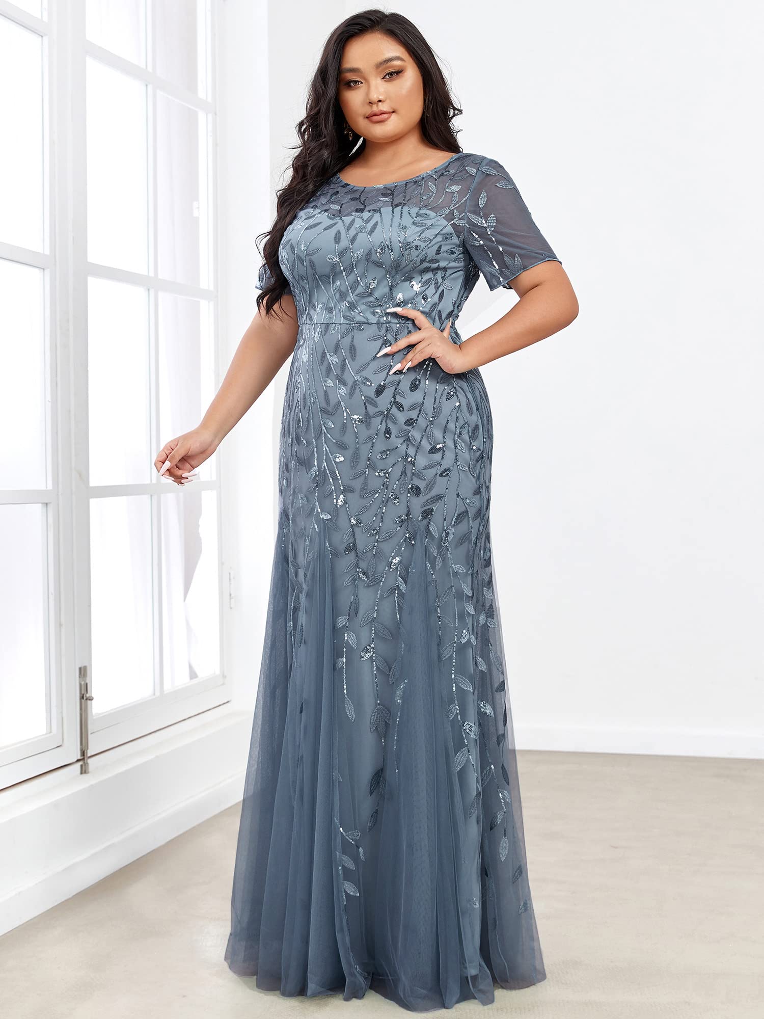 Ever-Pretty Women's Plus Size Embroidery Sequin Short Sleeve Bodycon Maxi Formal Dress 07707-PZUSA | Elegant Evening Gown for Prom, Wedding Guest, Cocktail Party & Special Occasions