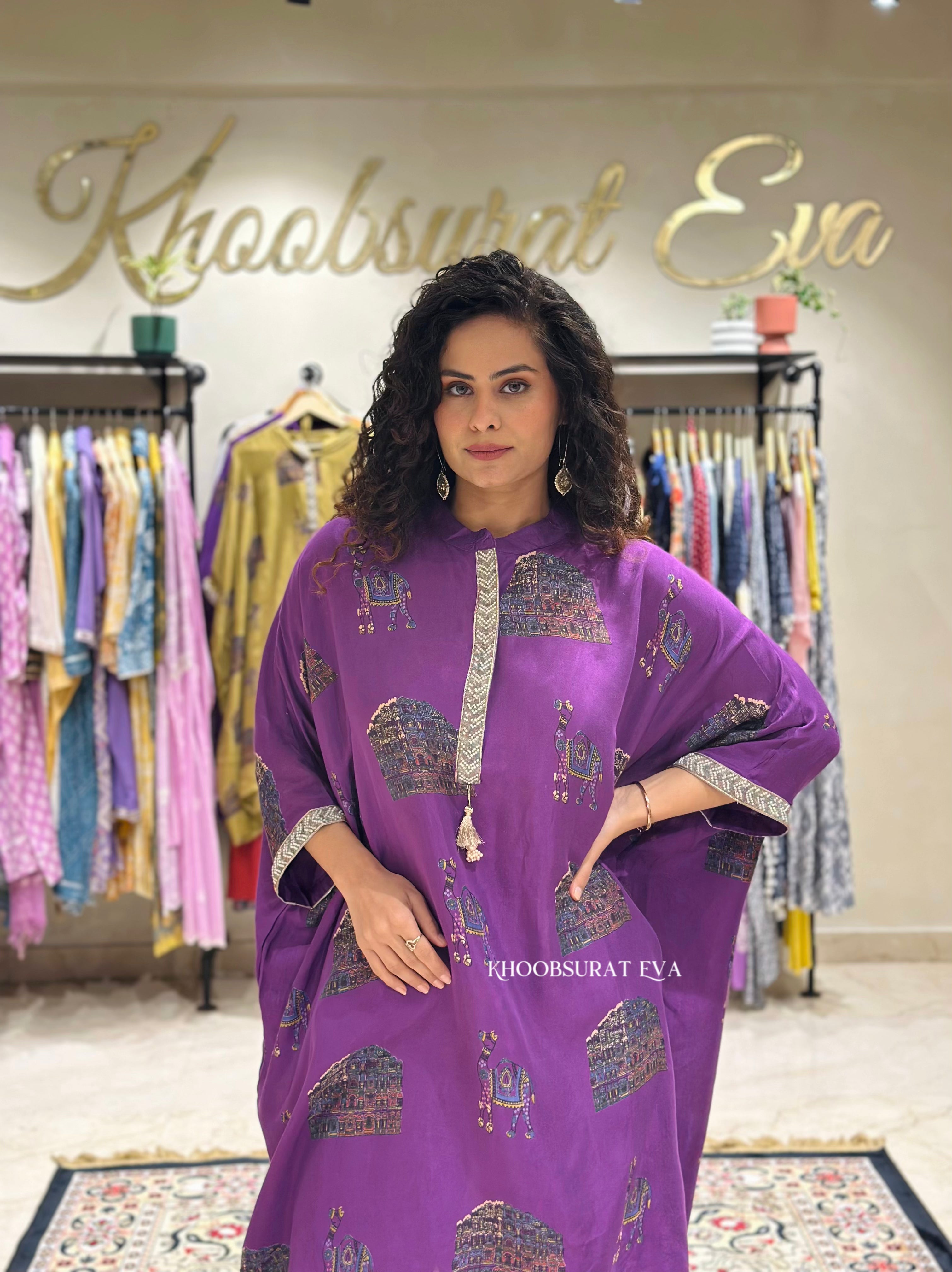 Elegant Purple Kaftan Tunic Set for Women - Boho Chic Loungewear & Beach Cover Up - Perfect for Vacation, Poolside, and Summer Outfits