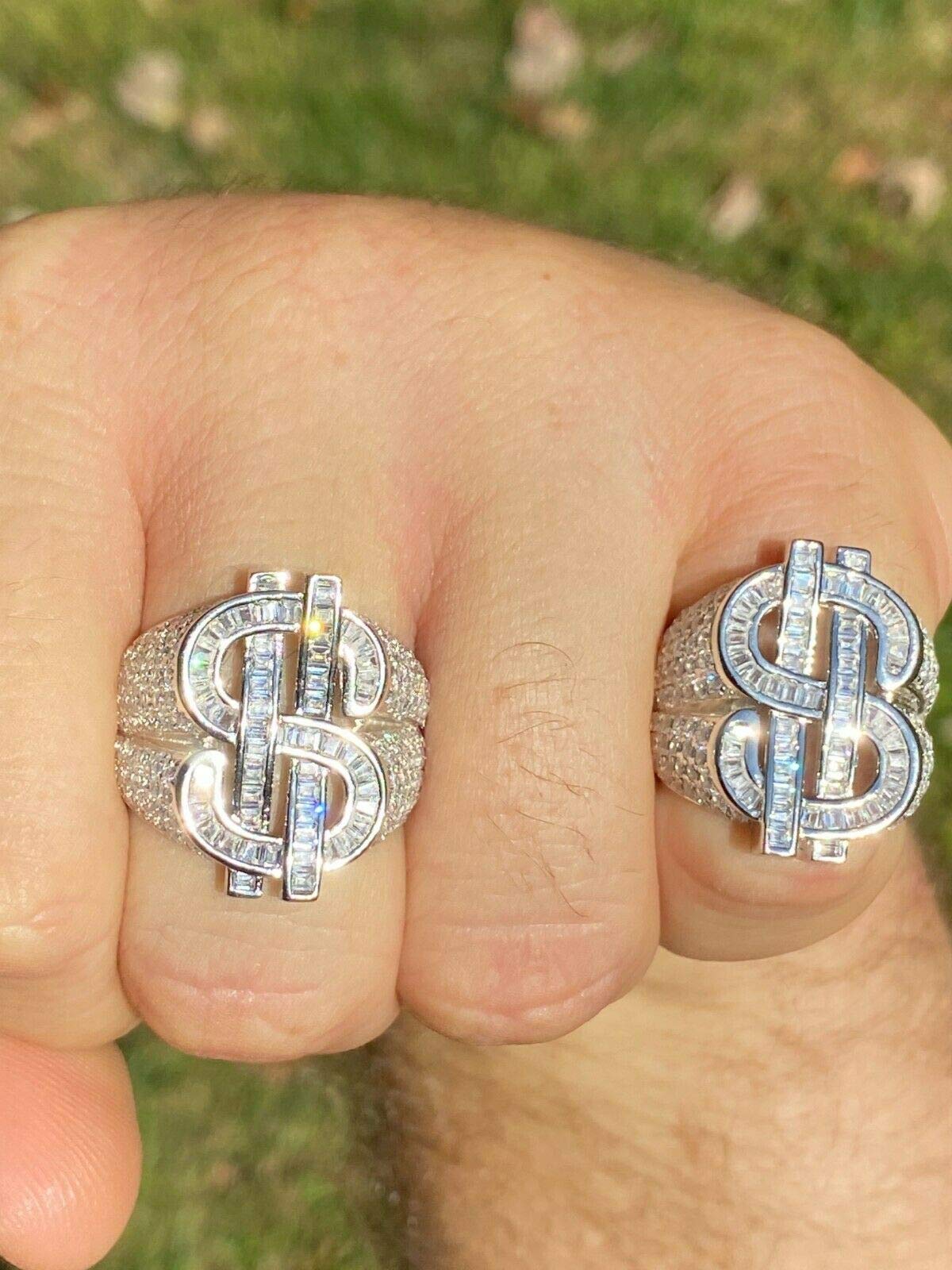 HarlemBling Solid 925 Sterling Silver Money $ Sign Ring for Men - Iced Baguette Diamond Hip Hop Jewelry - Sizes 7-13 - Perfect for Rappers, Hip Hop Artists & Streetwear Fashion