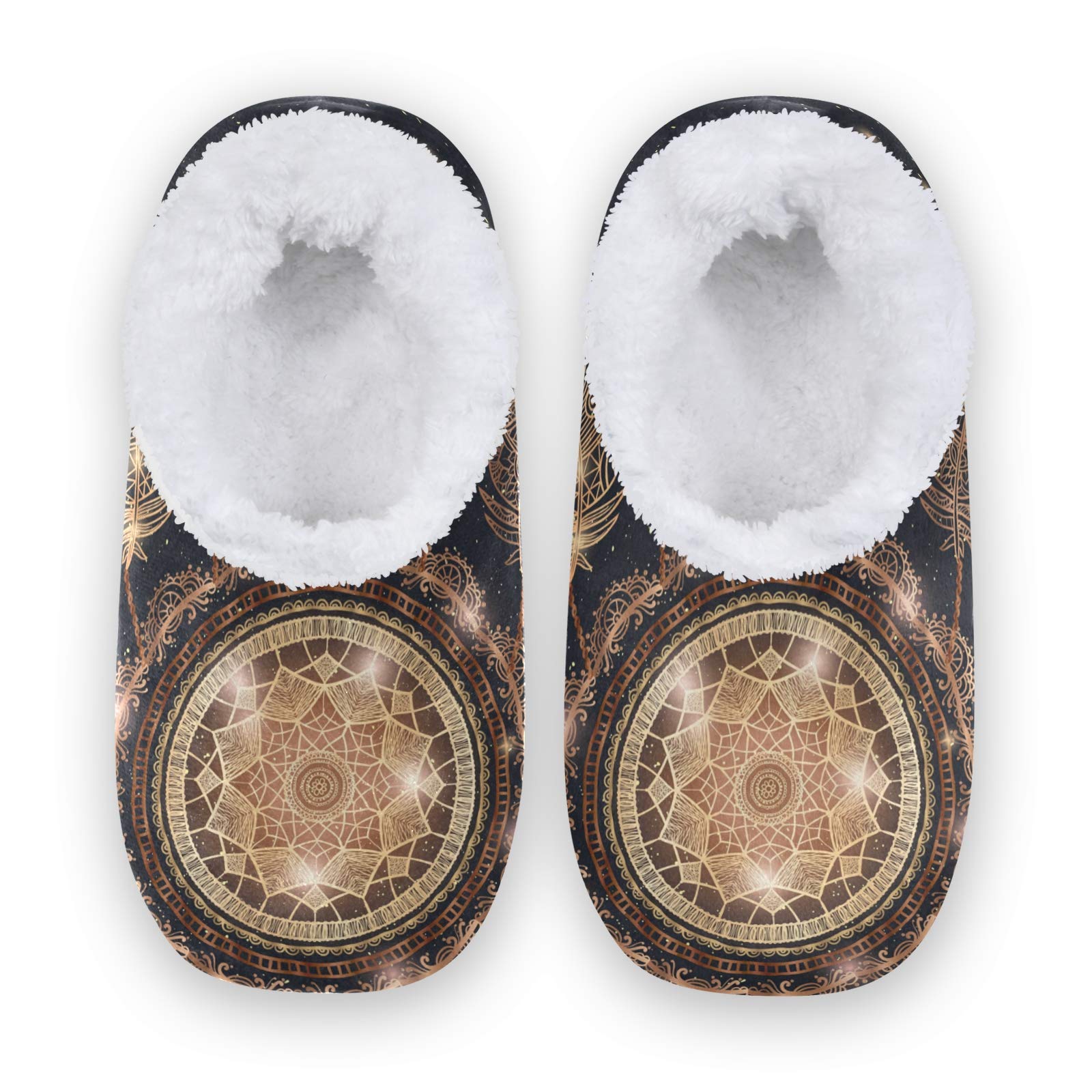Qmxo Galaxy Ethnic Indian Talisman Dreamcatcher Mandala Feather Slippers - Cozy Coral Fleece Indoor House Slippers for Women & Men | Non-Slip Fuzzy Bedroom Slippers & Warm Socks for Home, Yoga, and Relaxation