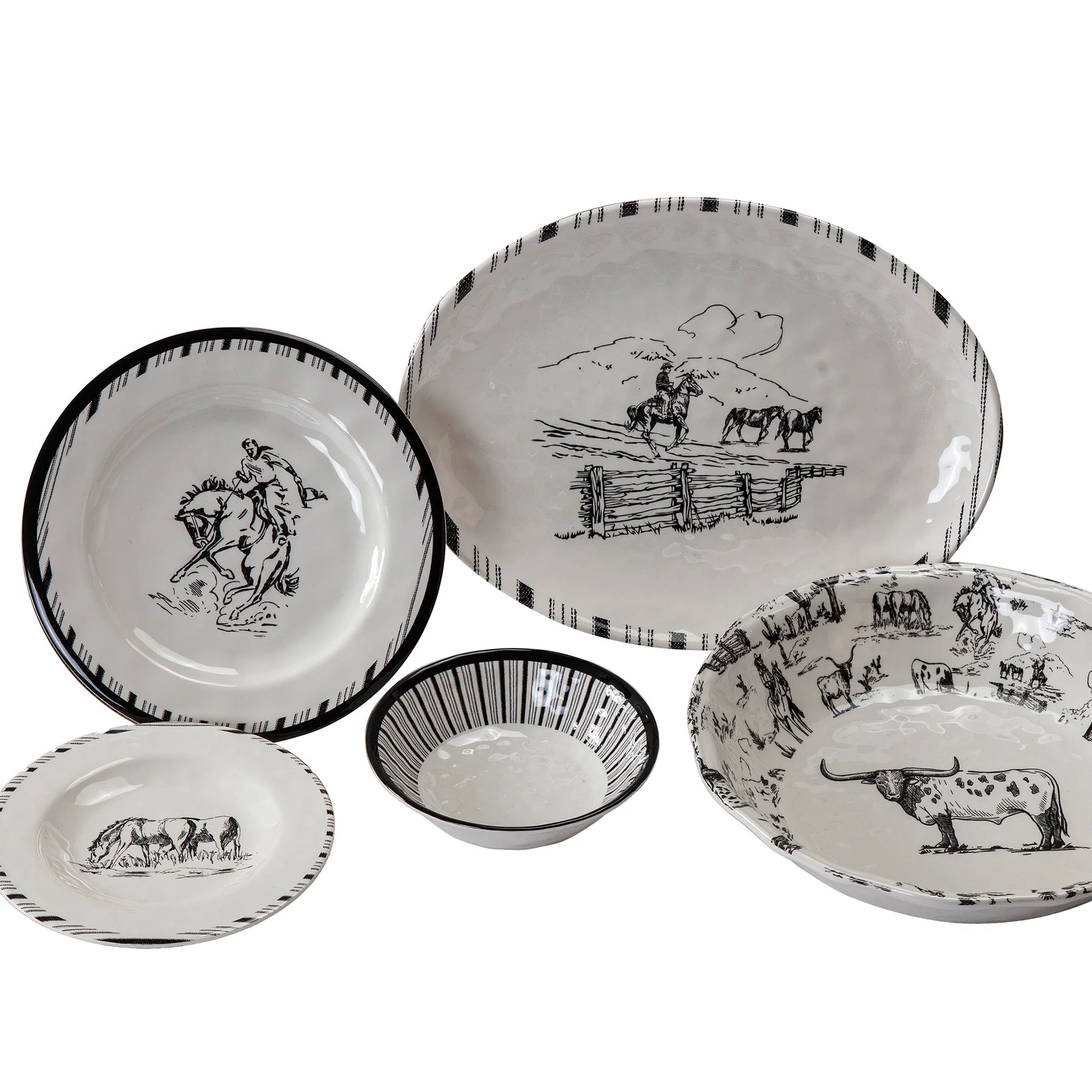 Premium Black & White Melamine Dinner Set - 16-Piece Durable & Lightweight Dishware for Outdoor Picnics, Camping, and Everyday Use