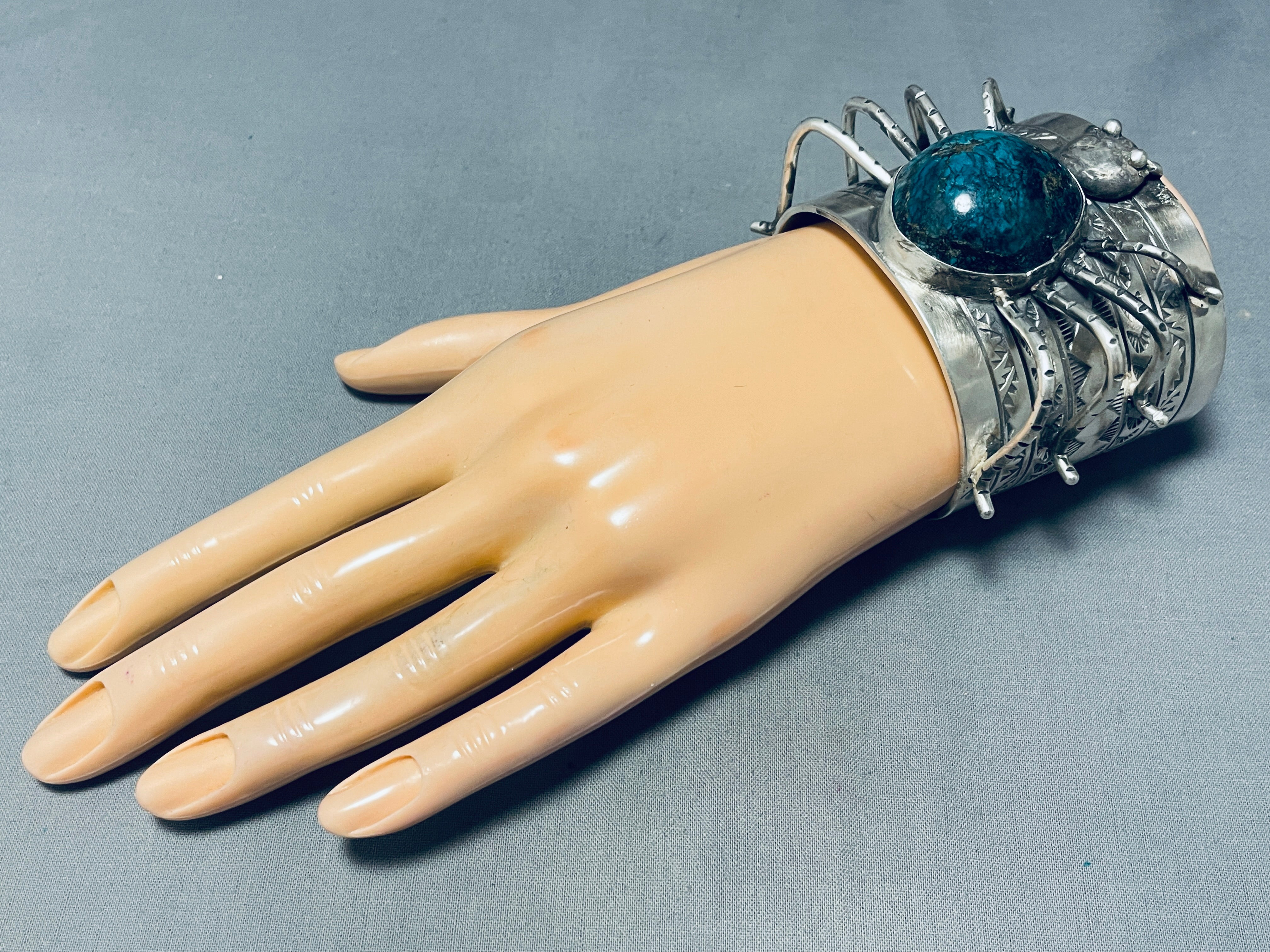 179 Grams Navajo Sterling Silver Spider Bracelet - Authentic Native American Turquoise Jewelry for Women, Boho Chic Fashion Accessory for Casual Wear & Special Occasions