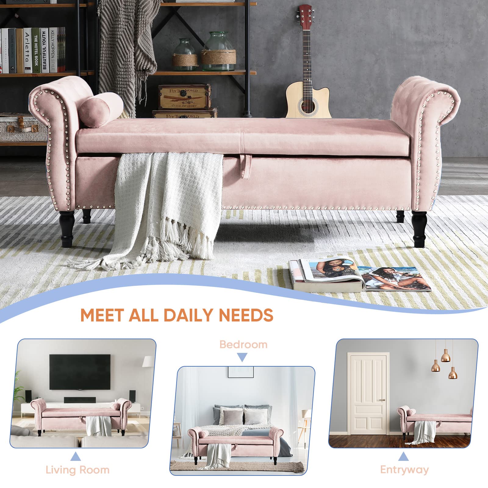 Velvet Storage Ottoman Bench with Tufted Upholstery - Mid Century Modern Small Bench with Hidden Storage & Toss Pillow - Multi-Functional Footrest, Bed End Bench, Entryway Seating for Bedroom, Living Room, Hallway (Pink) - Perfect for Small Space Organization & Cozy Home Decor