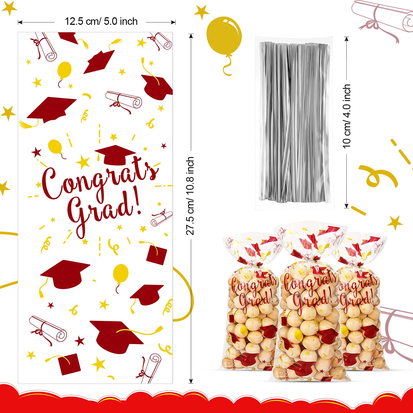 Blulu 100-Pack Graduation Cellophane Treat Bags with Silver Twist Ties - Maroon & Gold Candy Wrapping Gift Bags for Congrats Graduates - Perfect for Grad Party Favors, School Celebrations & Diploma Ceremonies