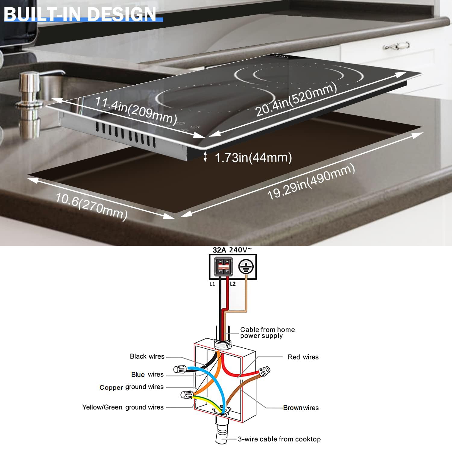 Hobsir 12-inch 2 Burner Electric Cooktop - 3200W Built-in Ceramic Stove with Touch Control, Timer & Safety Lock - 9 Power Levels, 220V-240V Hardwired (No Plug) - Perfect for Small Kitchens, Apartments & RVs