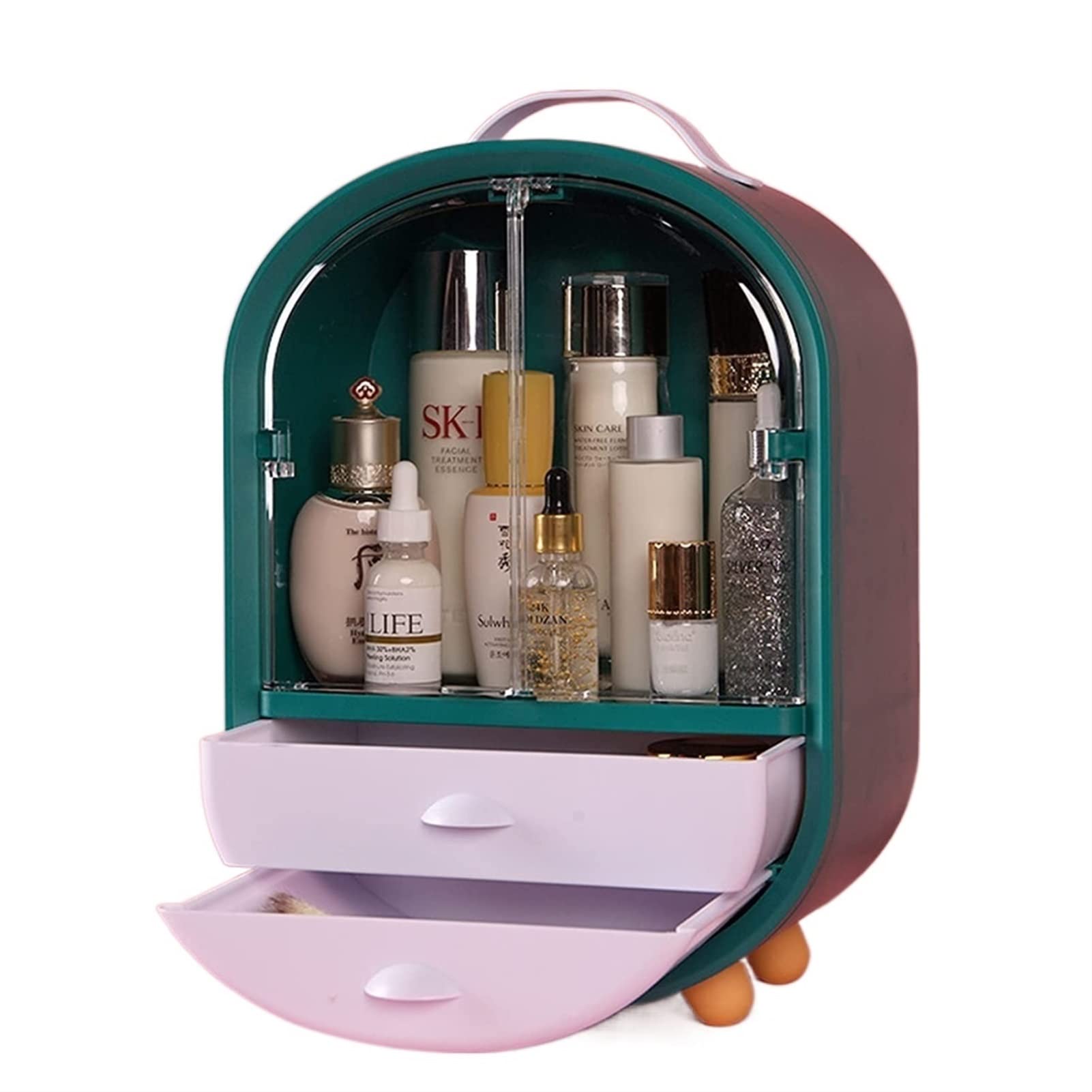 Green Cosmetic Storage Box & Jewelry Organizer - Desktop Makeup Brush Holder & Finishing Cabinet for Vanity, Bathroom, and Travel Use