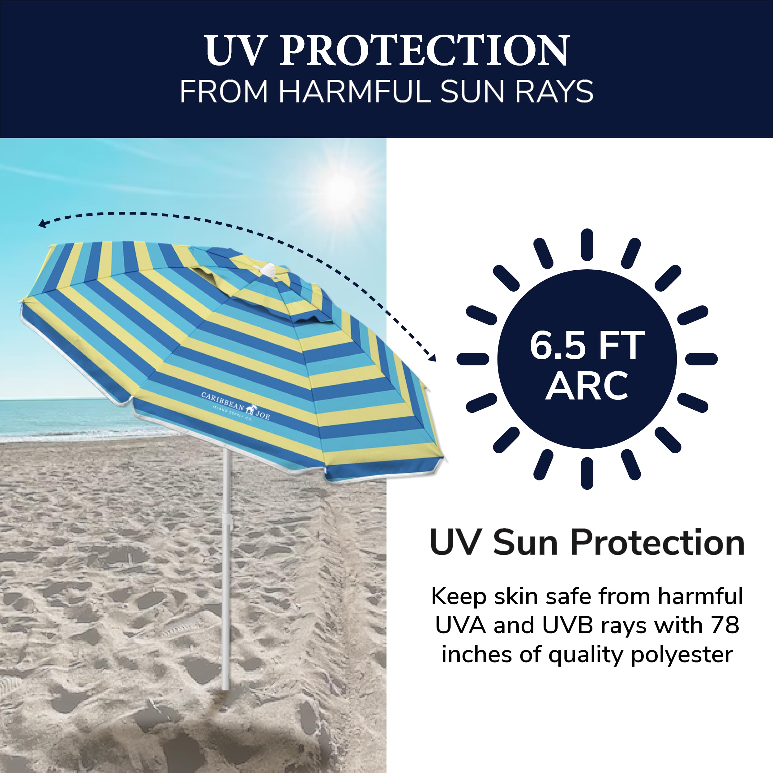 Portable Adjustable Tilt Beach Umbrella with UV Protection & Vented Canopy - 6.5 ft Wide Arc for Sun Shade - Perfect for Poolside, Backyard, Picnics & Beach Vacations