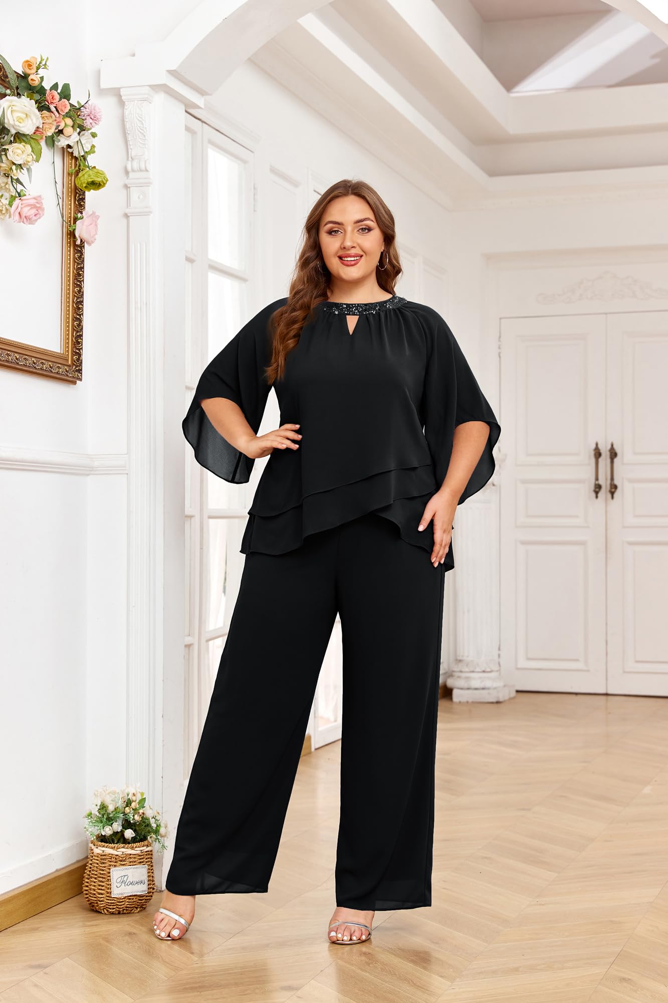 Hanna Nikole Plus Size Mother of the Bride Pant Suits - Elegant 2-Piece Chiffon Pantsuit with Half Sleeves for Wedding Guest & Formal Occasions | Perfect for Weddings, Receptions, and Special Events